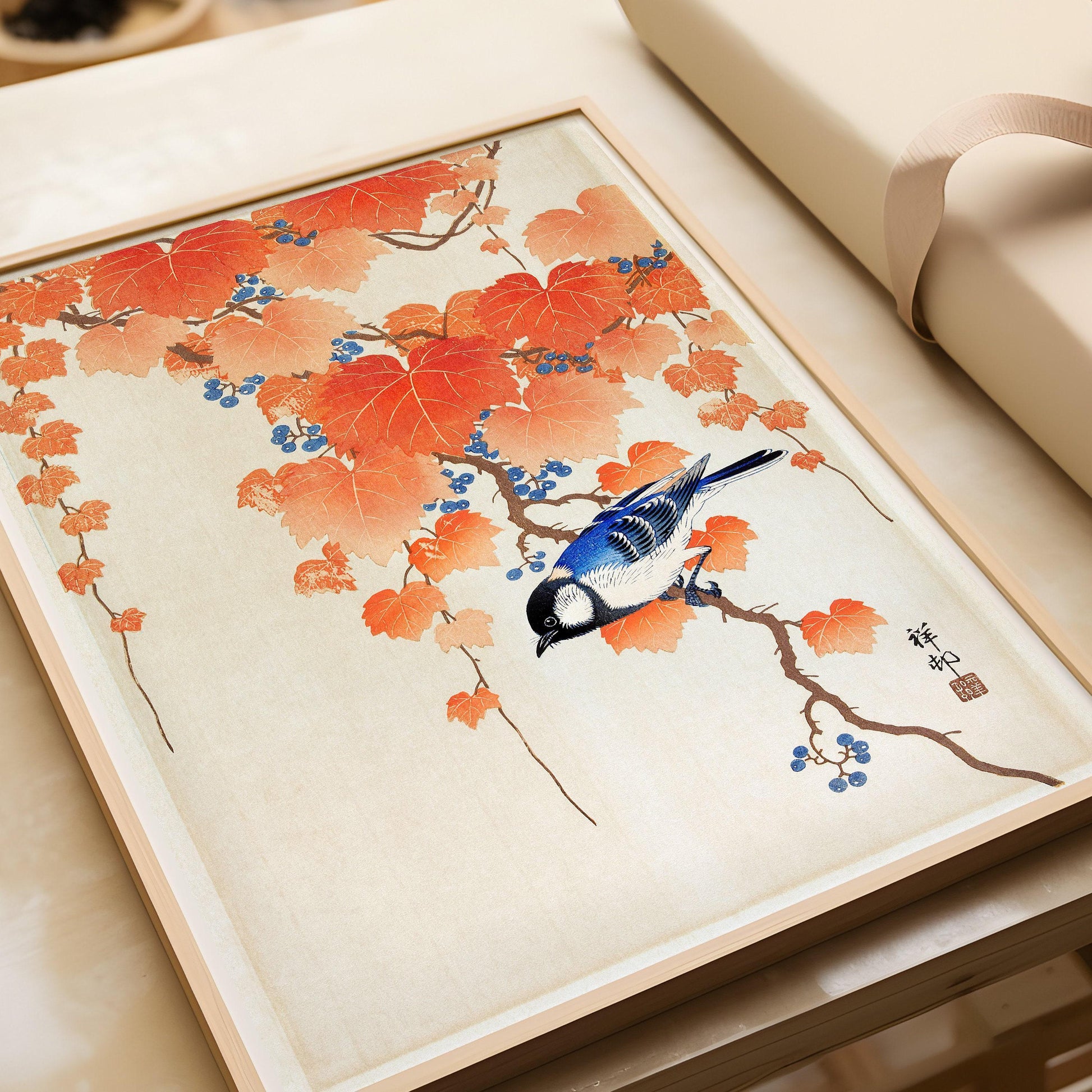 Ohara Koson - Mésange charbonnière sur une branche de paulownia | ESTAMPE | Art japonais Shin-Hanga Kach≈ç-E vintage orange et bleu (disponible encadrée)