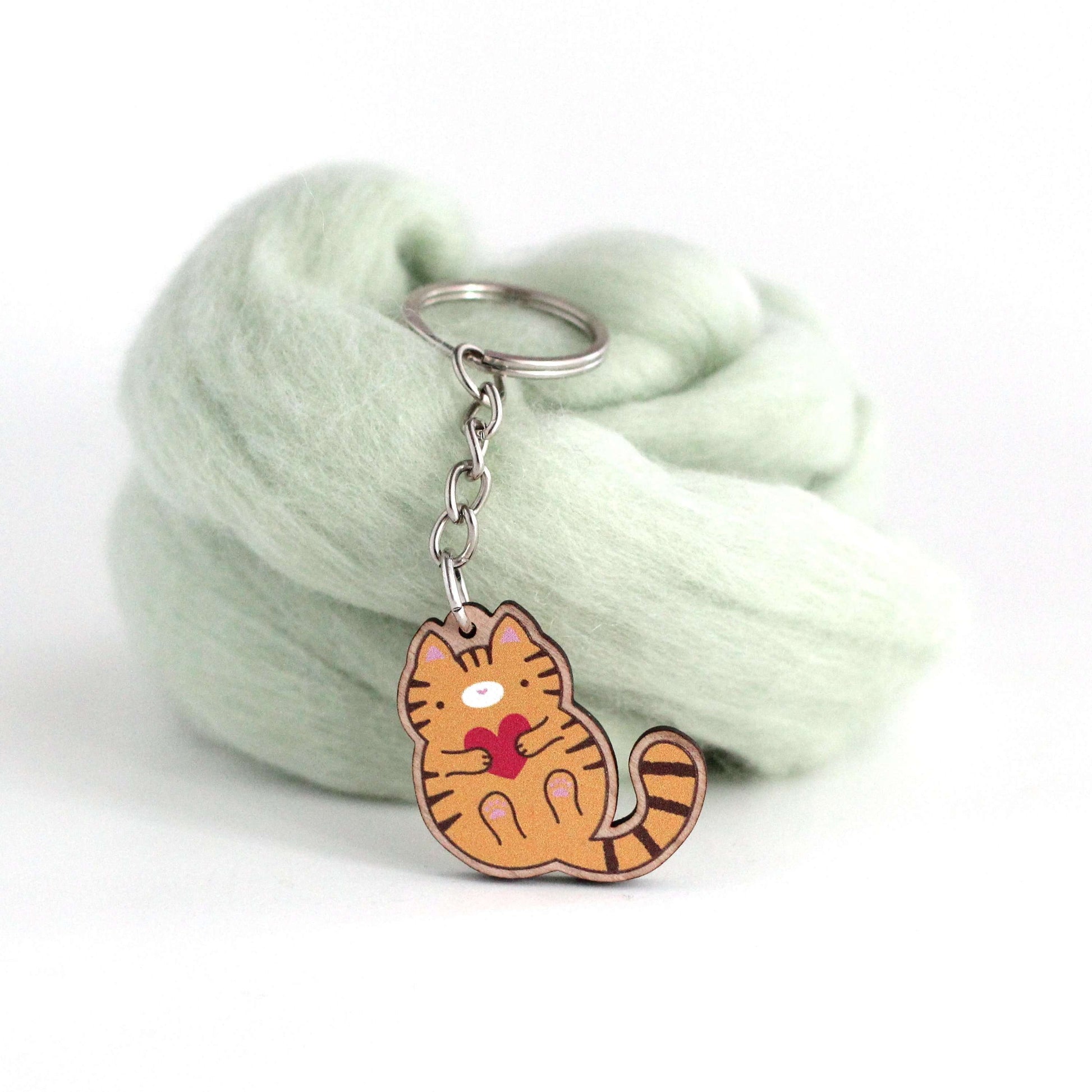 Porte-clés en bois chat tigré orange - Cadeau durable - Porte-clés mignon