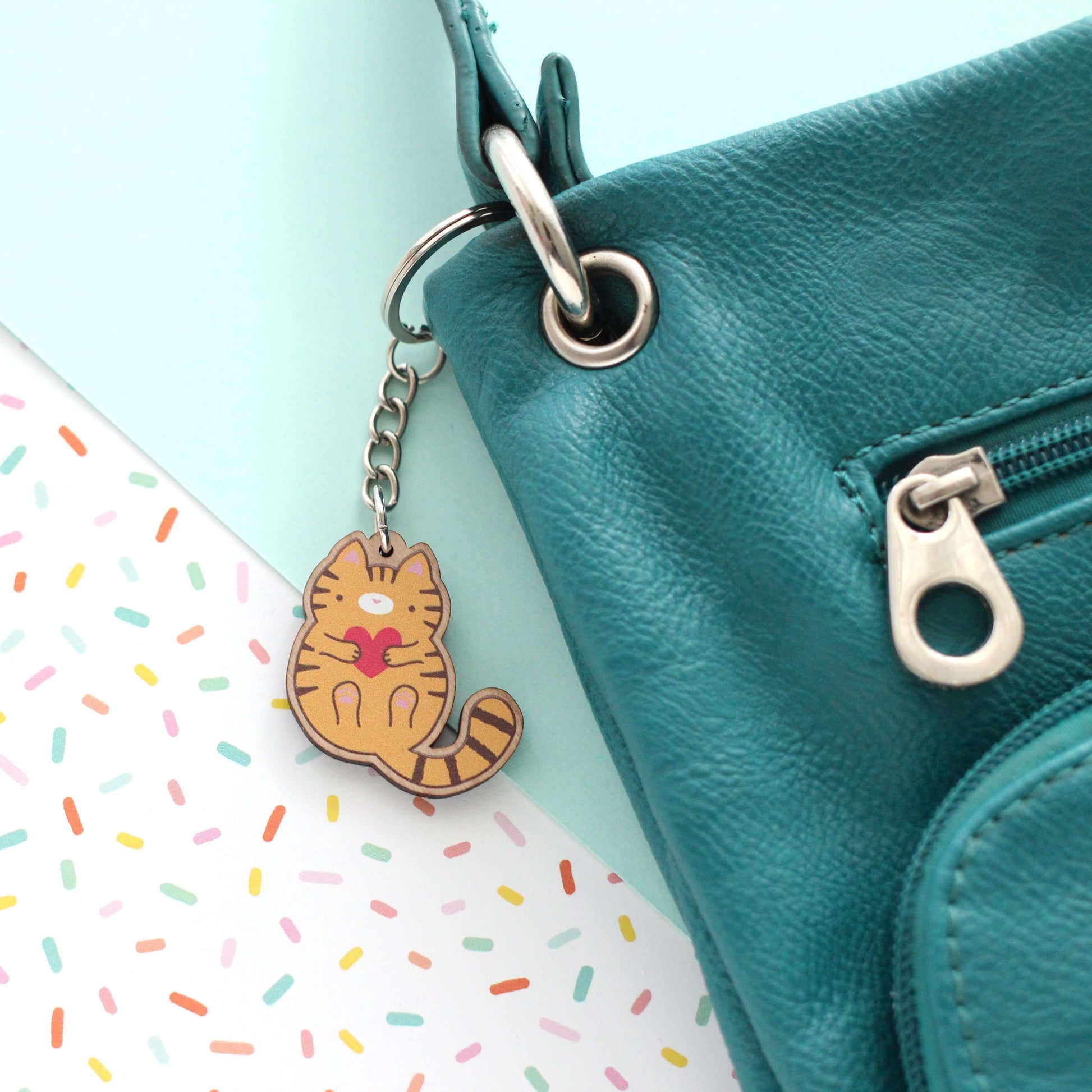 Porte-clés en bois chat tigré orange - Cadeau durable - Porte-clés mignon