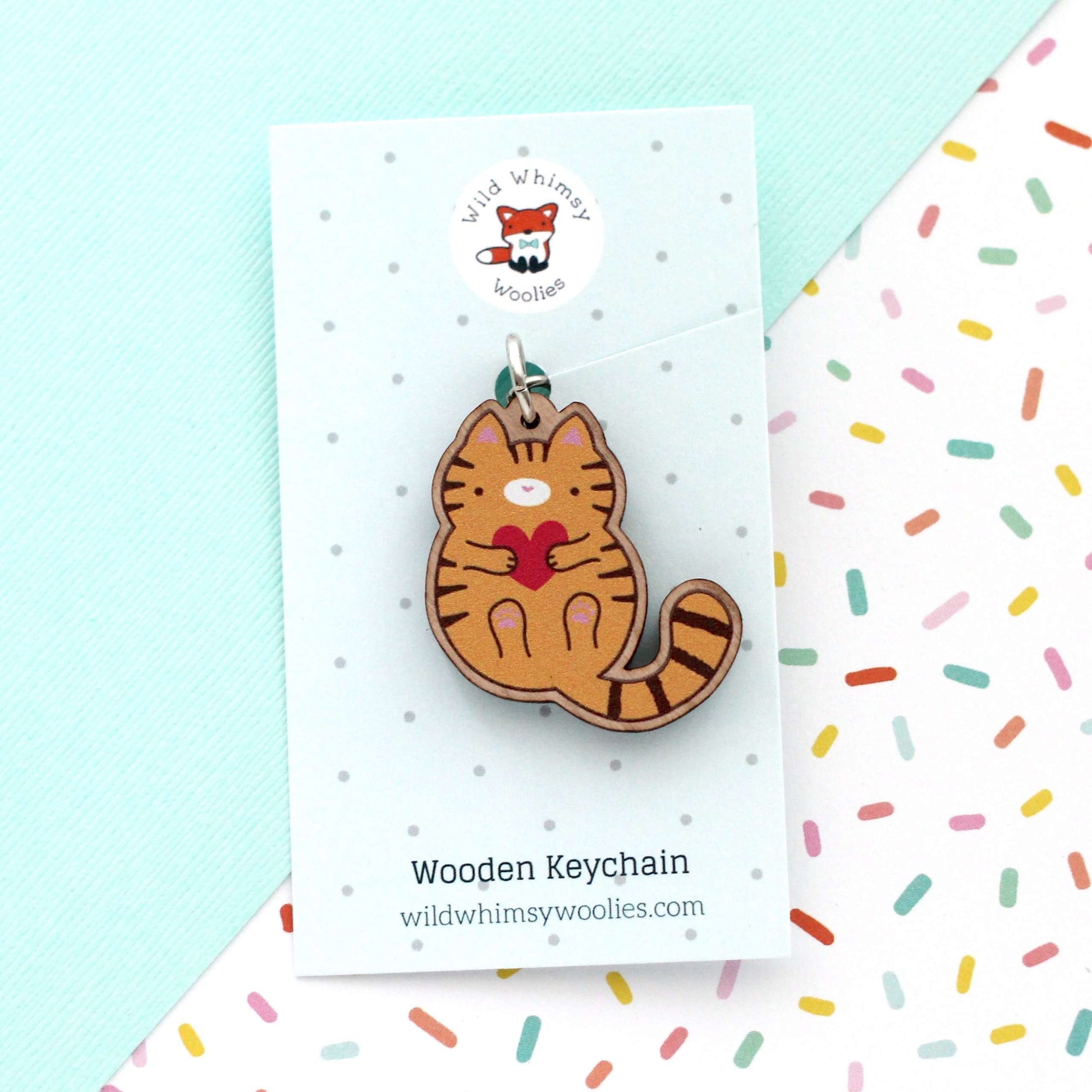 Porte-clés en bois chat tigré orange - Cadeau durable - Porte-clés mignon