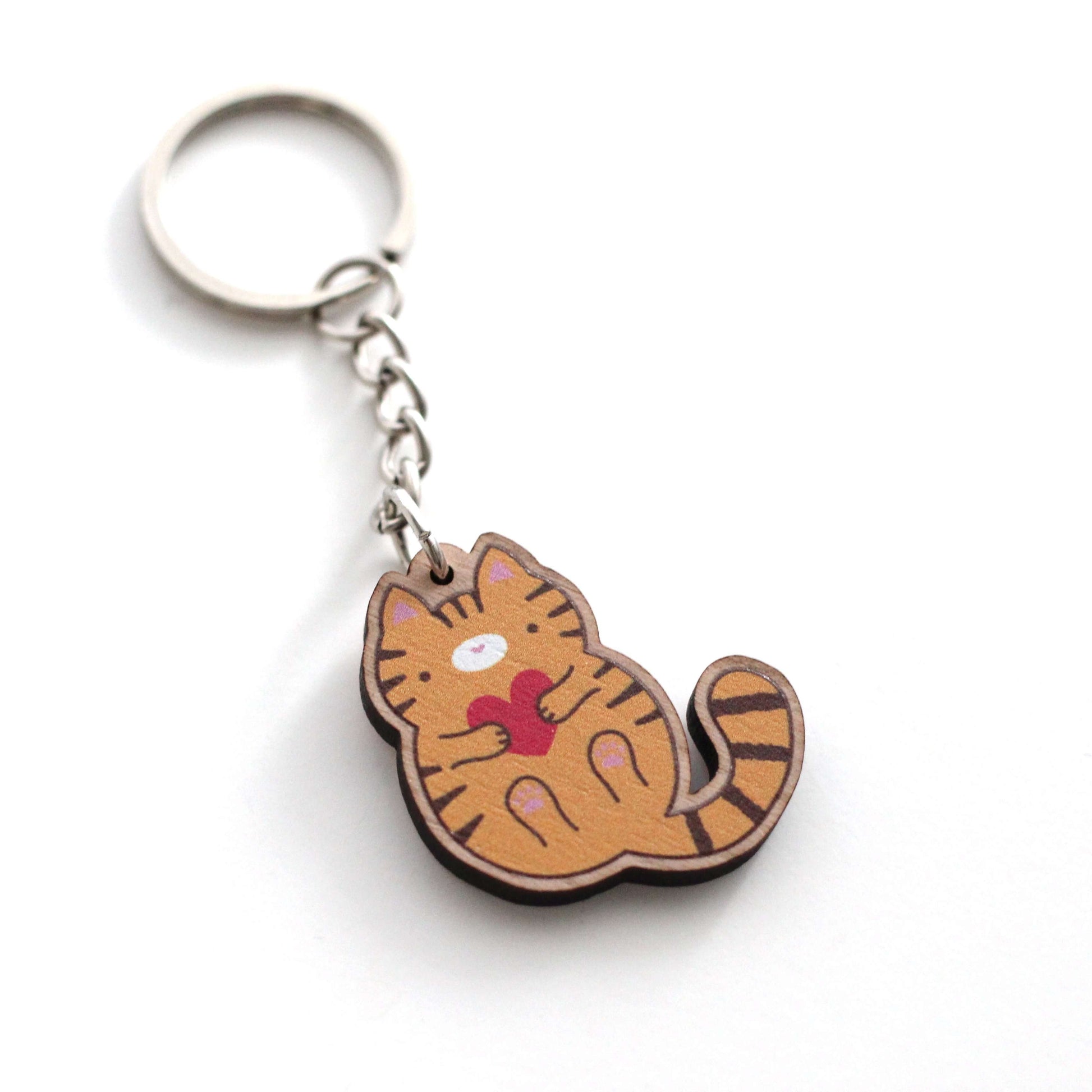 Porte-clés en bois chat tigré orange - Cadeau durable - Porte-clés mignon