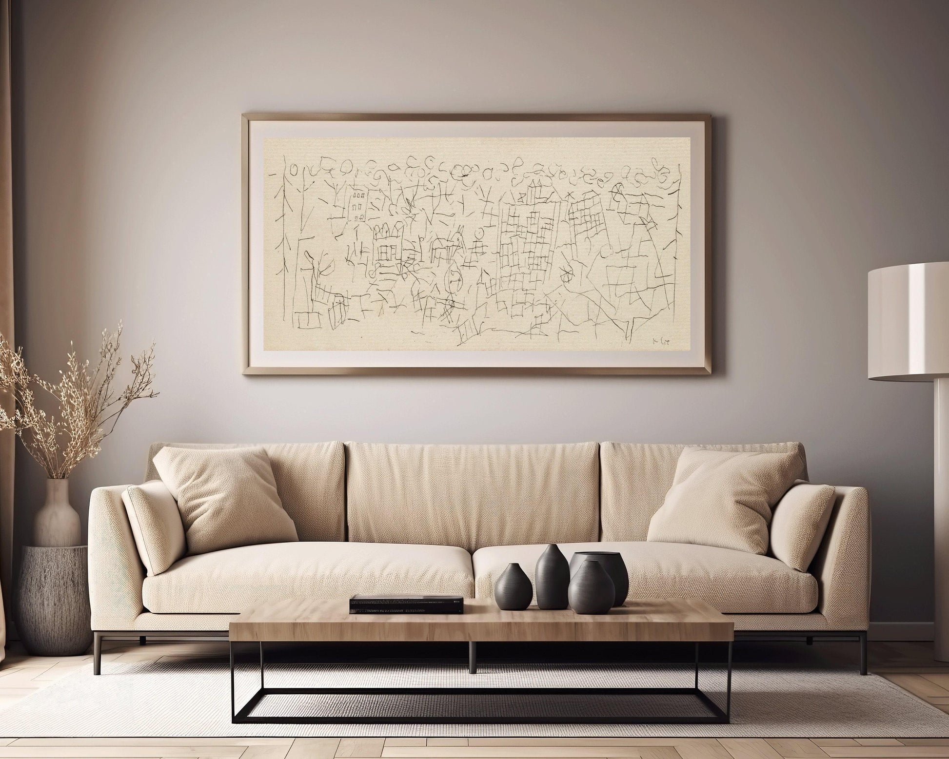 Paul Klee 'About the Town' Print: Beige Abstract Panoramic Sketch Art (2x1)