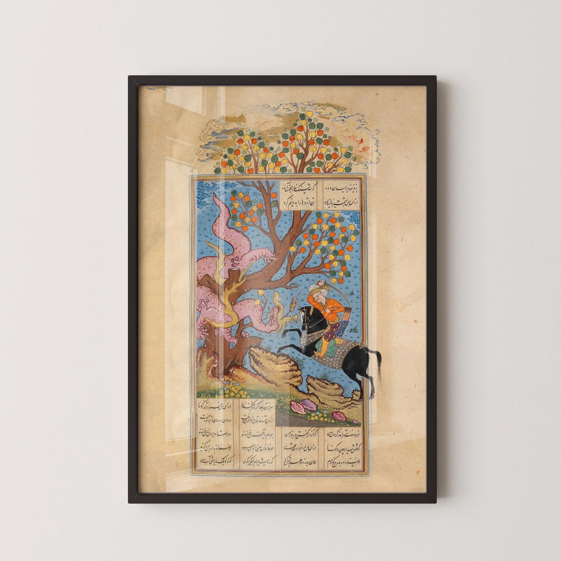 Estampe miniature persane : Rustam affronte une division - Shahnama Giclée