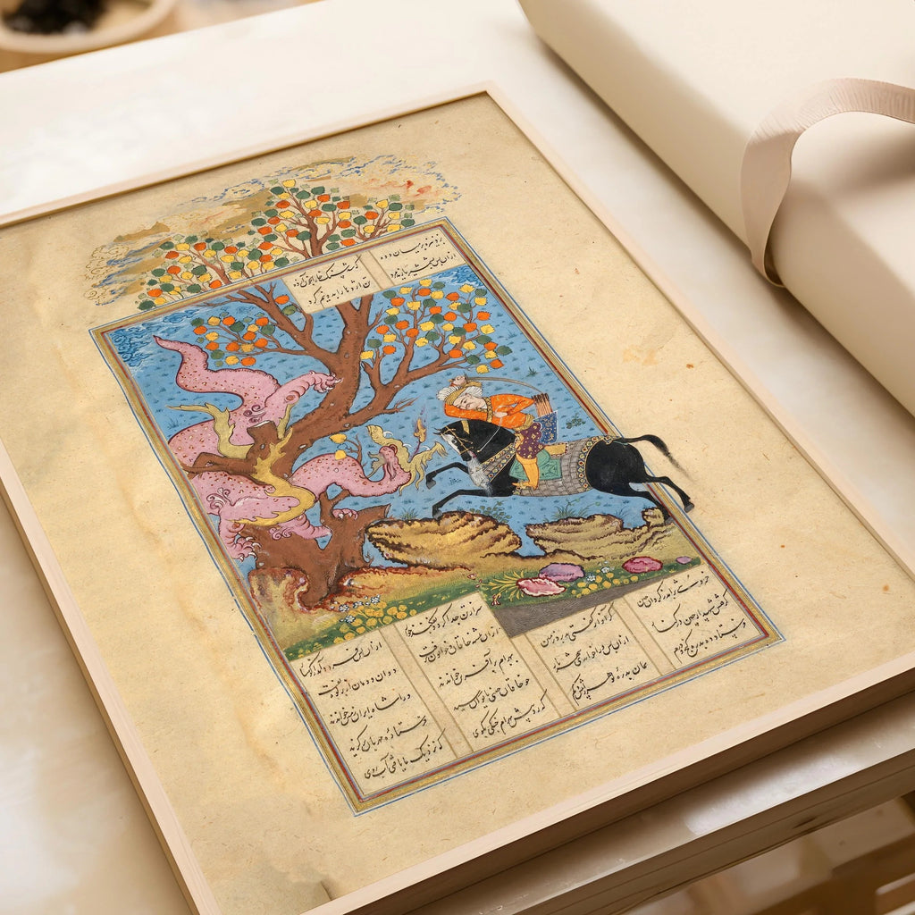 Estampe miniature persane : Rustam affronte une division - Shahnama Giclée