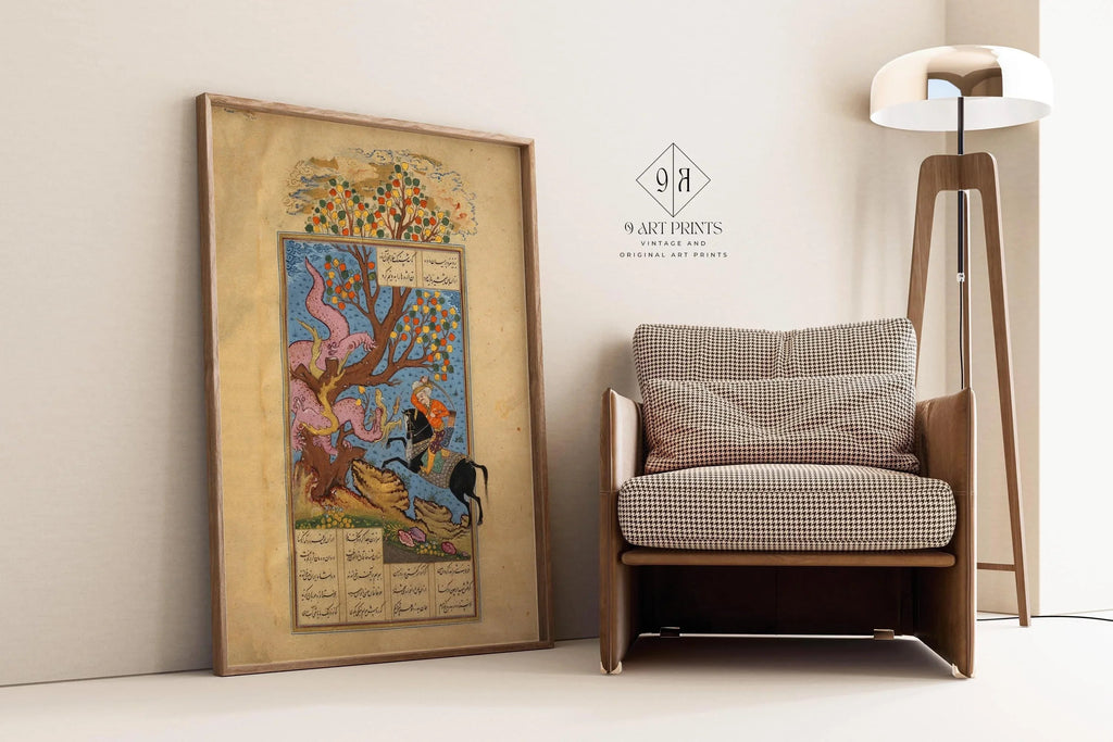 Estampe miniature persane : Rustam affronte une division - Shahnama Giclée