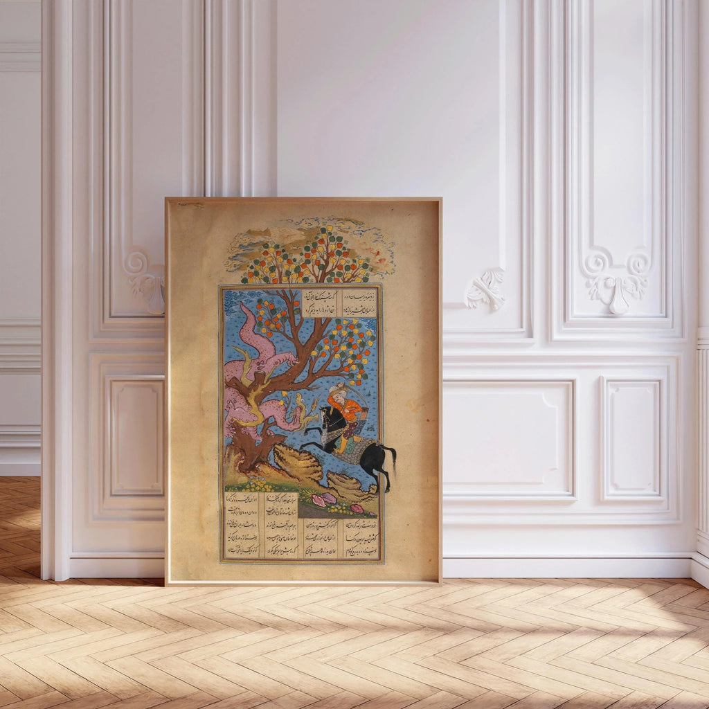 Estampe miniature persane : Rustam affronte une division - Shahnama Giclée
