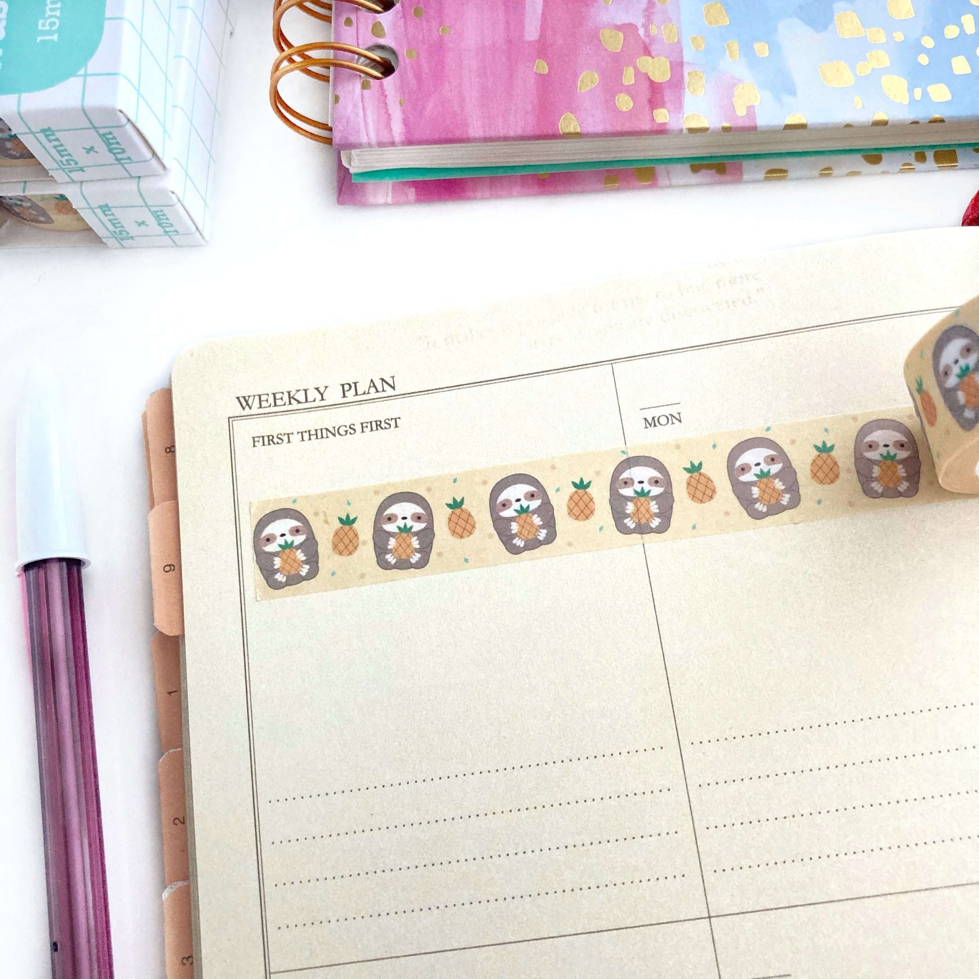 Pineapple Sloth Washi Tape - Fruit Washi Roll - Cute Sloth Stationery