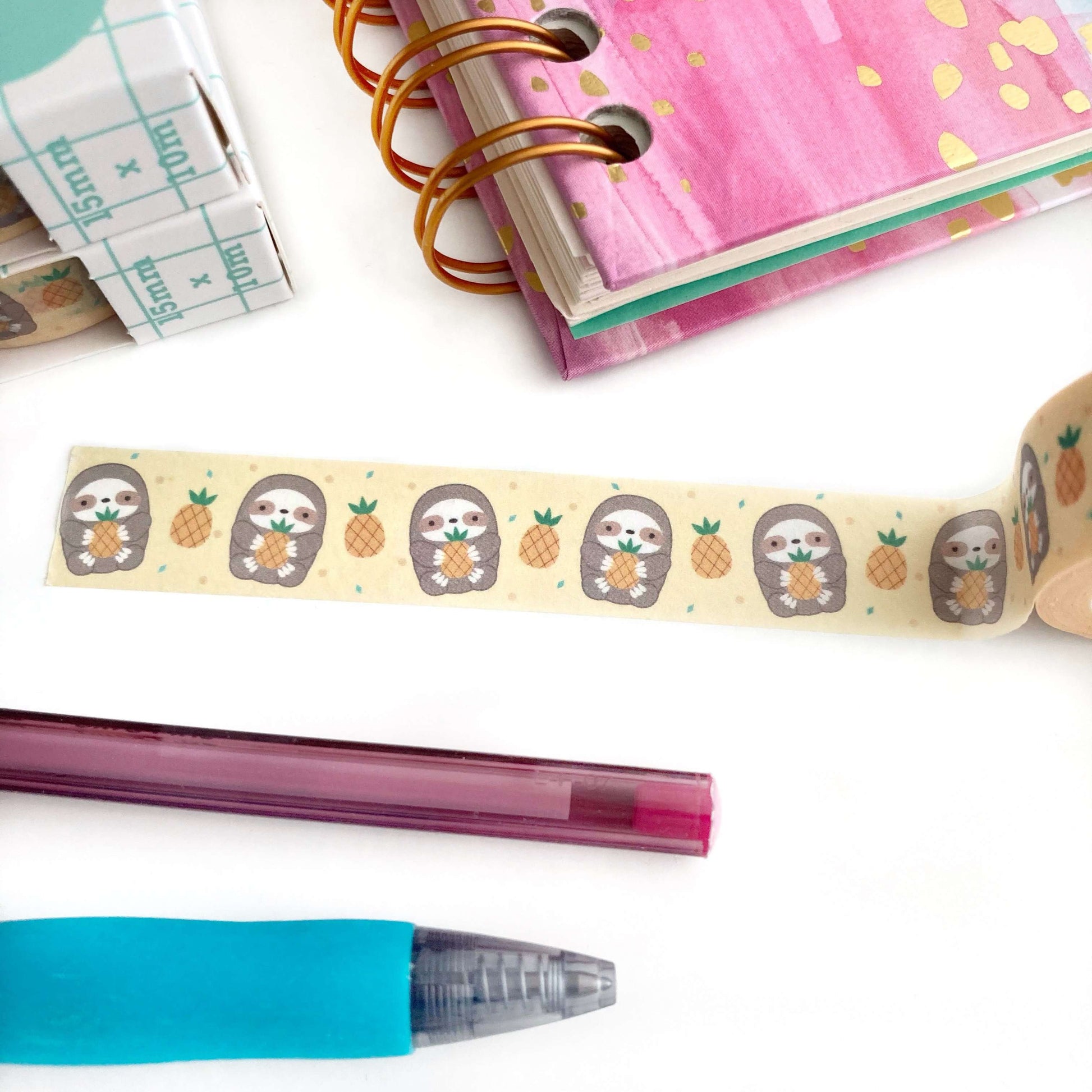 Pineapple Sloth Washi Tape - Fruit Washi Roll - Cute Sloth Stationery