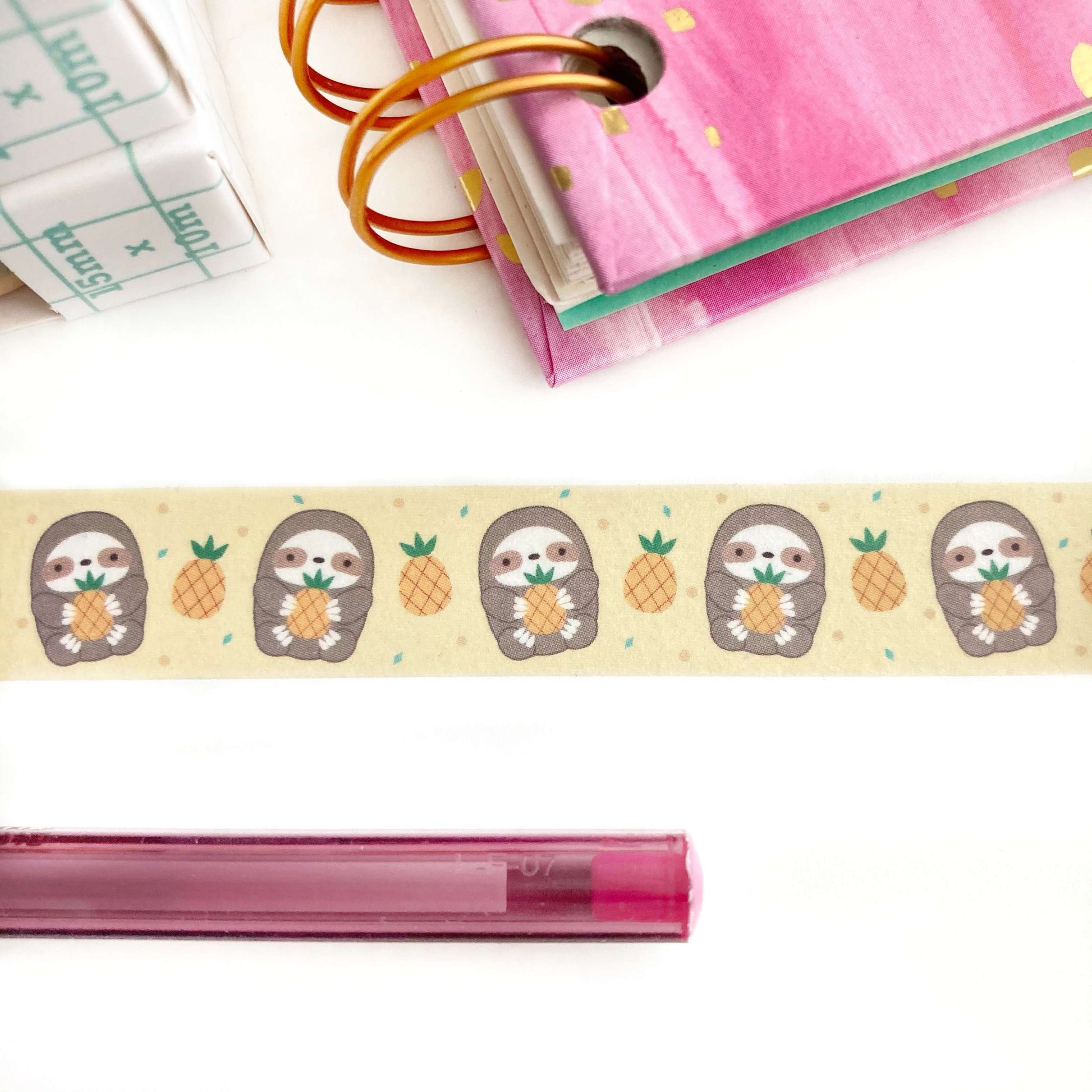 Pineapple Sloth Washi Tape - Fruit Washi Roll - Cute Sloth Stationery