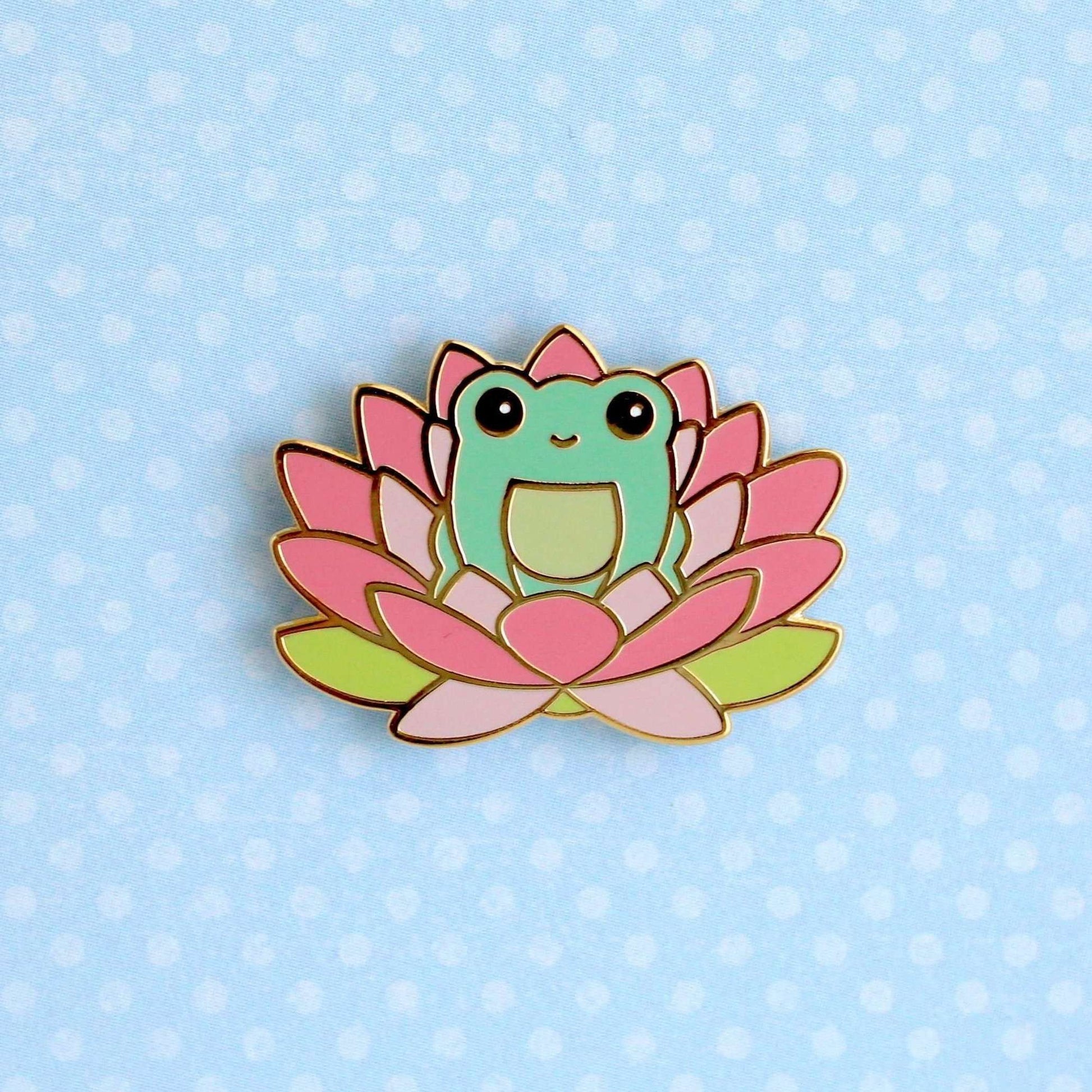 Broche grenouille fleur de lotus rose - Broche en émail dur - Cadeau grenouille mignon