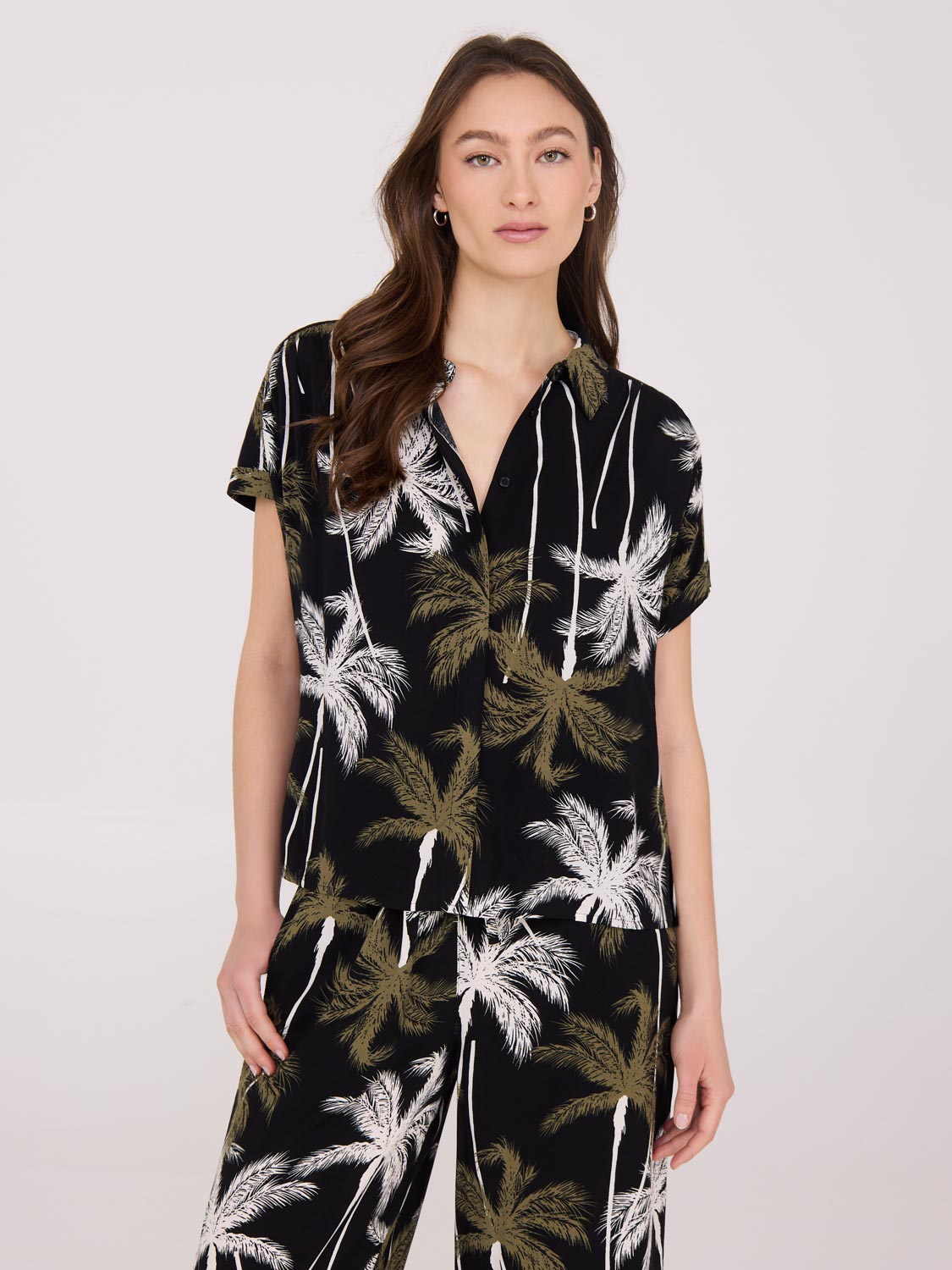 Palm Print Button-Front Bowling Shirt