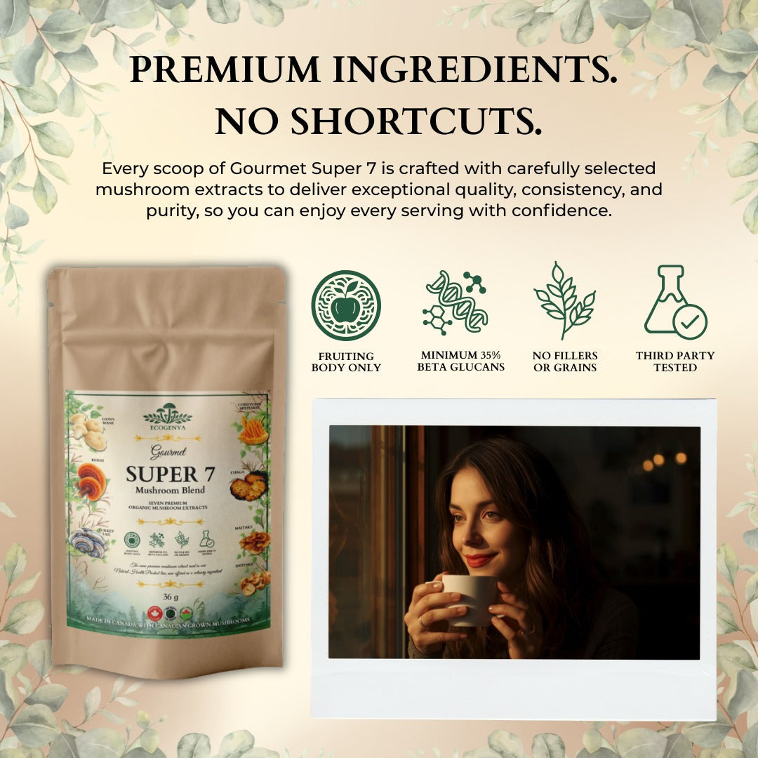 Ecogenya Gourmet Super 7 Mushroom Blend Powder – 7 Organic Fruiting Body Extracts for Coffee & Cooking