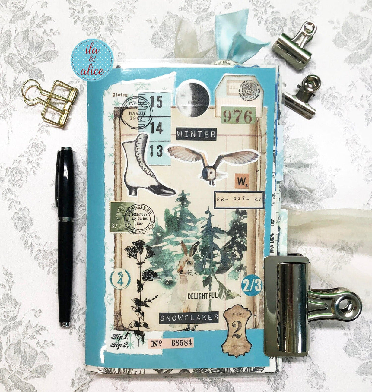 Pretty Blue Winter Junk Journal with Owl & Hare Collage Cover