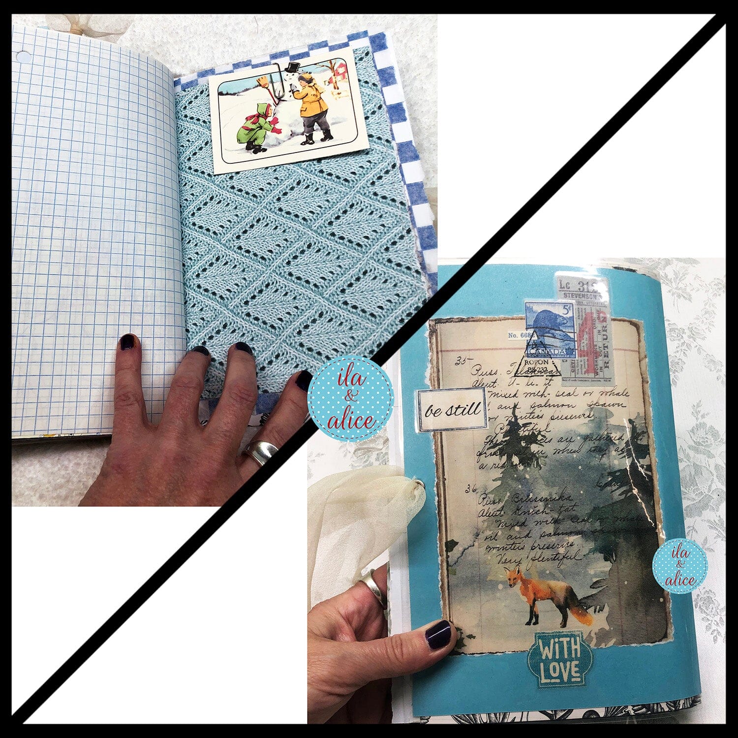 Pretty Blue Winter Junk Journal with Owl & Hare Collage Cover