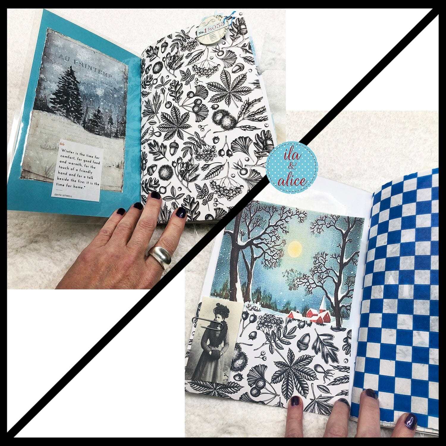 Pretty Blue Winter Junk Journal with Owl & Hare Collage Cover