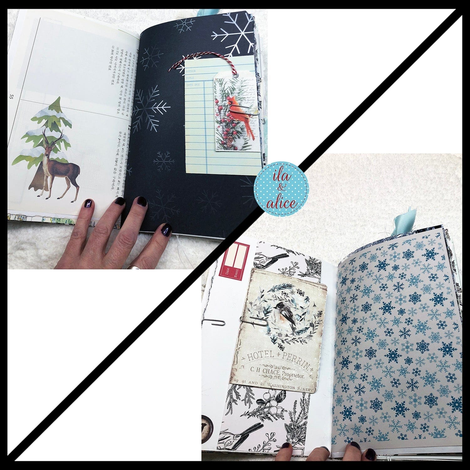 Pretty Blue Winter Junk Journal with Owl & Hare Collage Cover