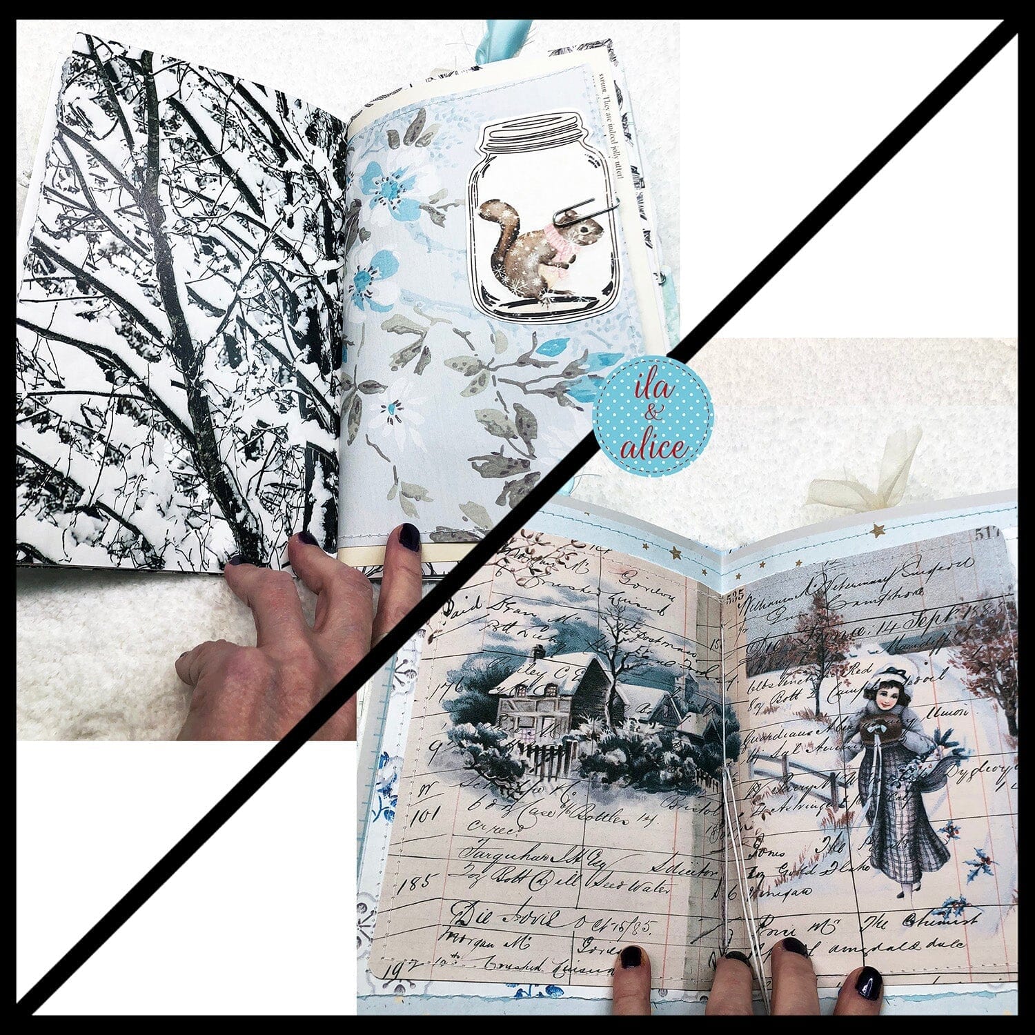 Pretty Blue Winter Junk Journal with Owl & Hare Collage Cover