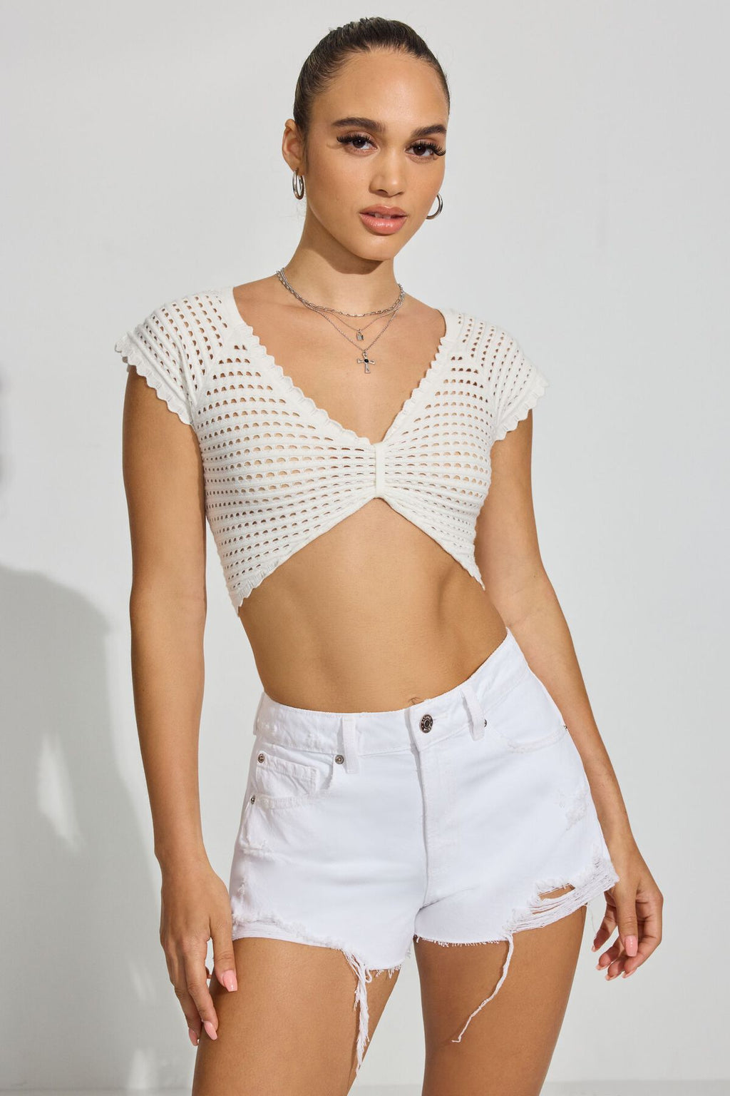 Sheer V-Neck Knit Crop Tee