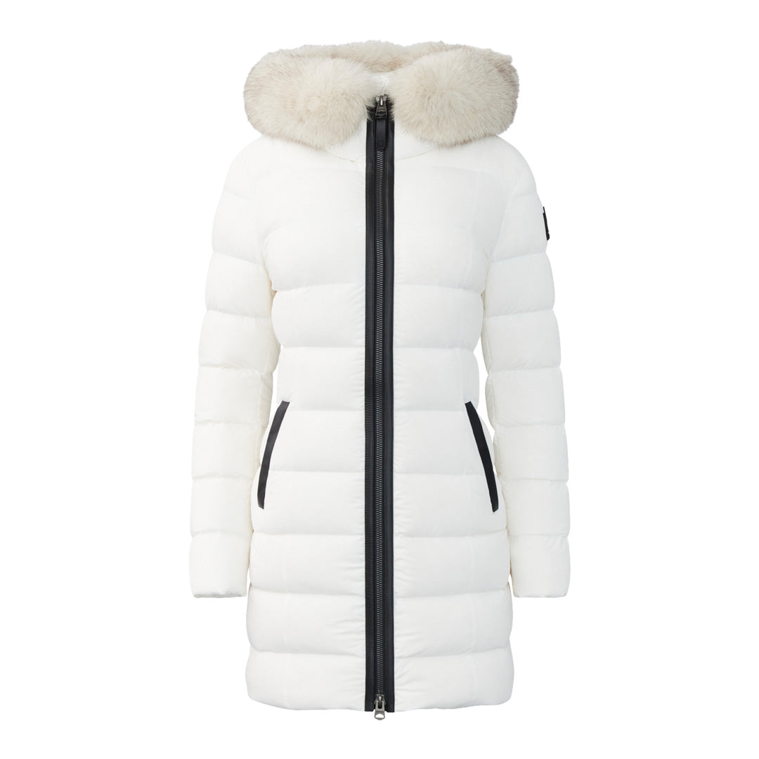 Manteau en duvet léger extensible CALLA Agile-360 avec col en fourrure de renard bleu