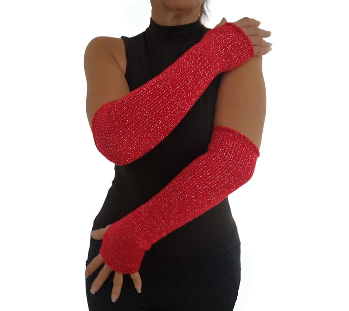 Red Silver Glitter Handmade Knitted Long Fingerless Gloves