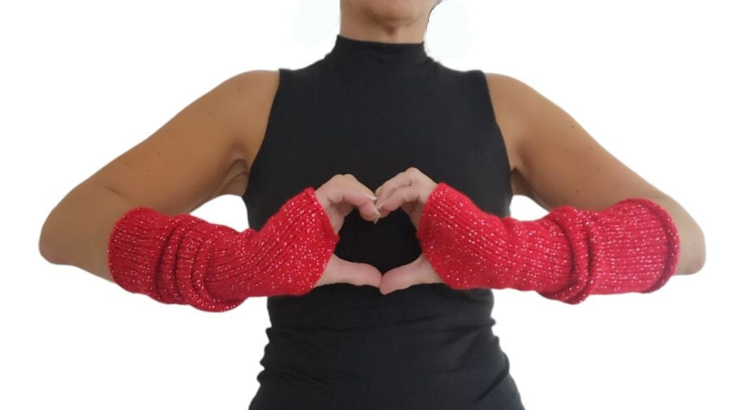 Red Silver Glitter Handmade Knitted Long Fingerless Gloves