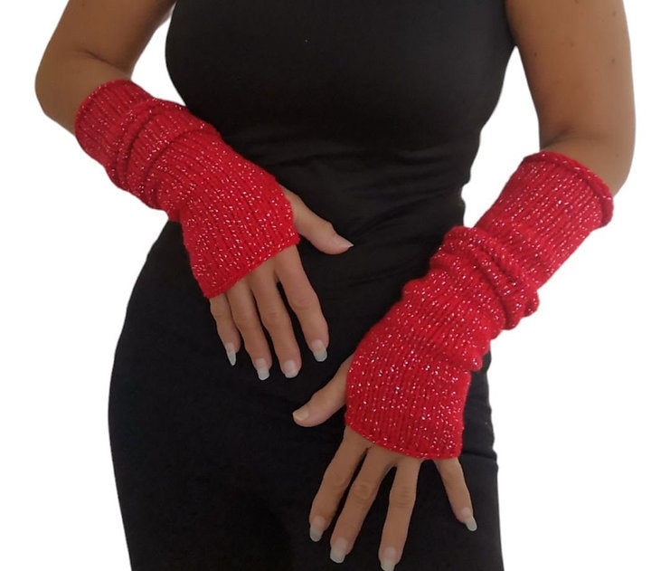 Red Silver Glitter Handmade Knitted Long Fingerless Gloves