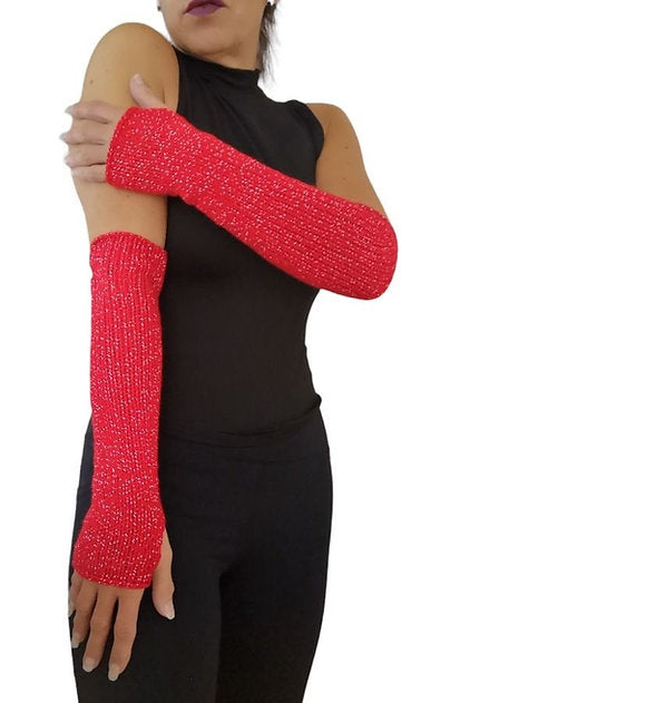 Red Silver Glitter Handmade Knitted Long Fingerless Gloves
