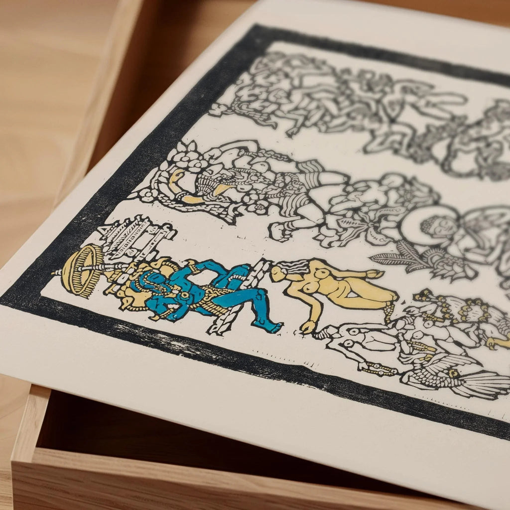 Impression sur bois à motif indien Reijer Stolk : art symboliste, accents dorés et bleus