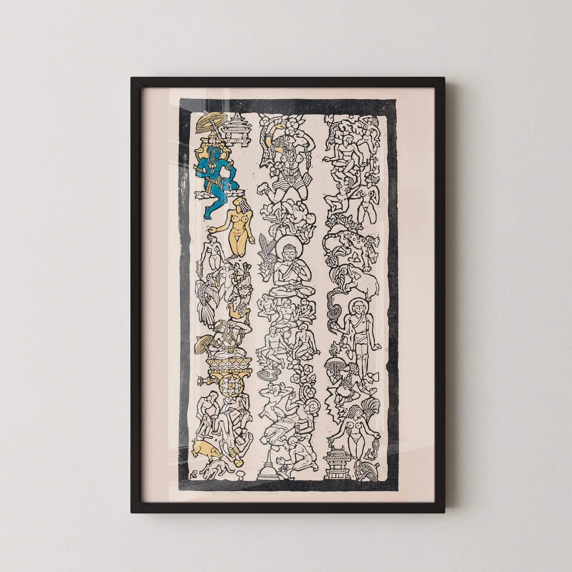 Impression sur bois à motif indien Reijer Stolk : art symboliste, accents dorés et bleus