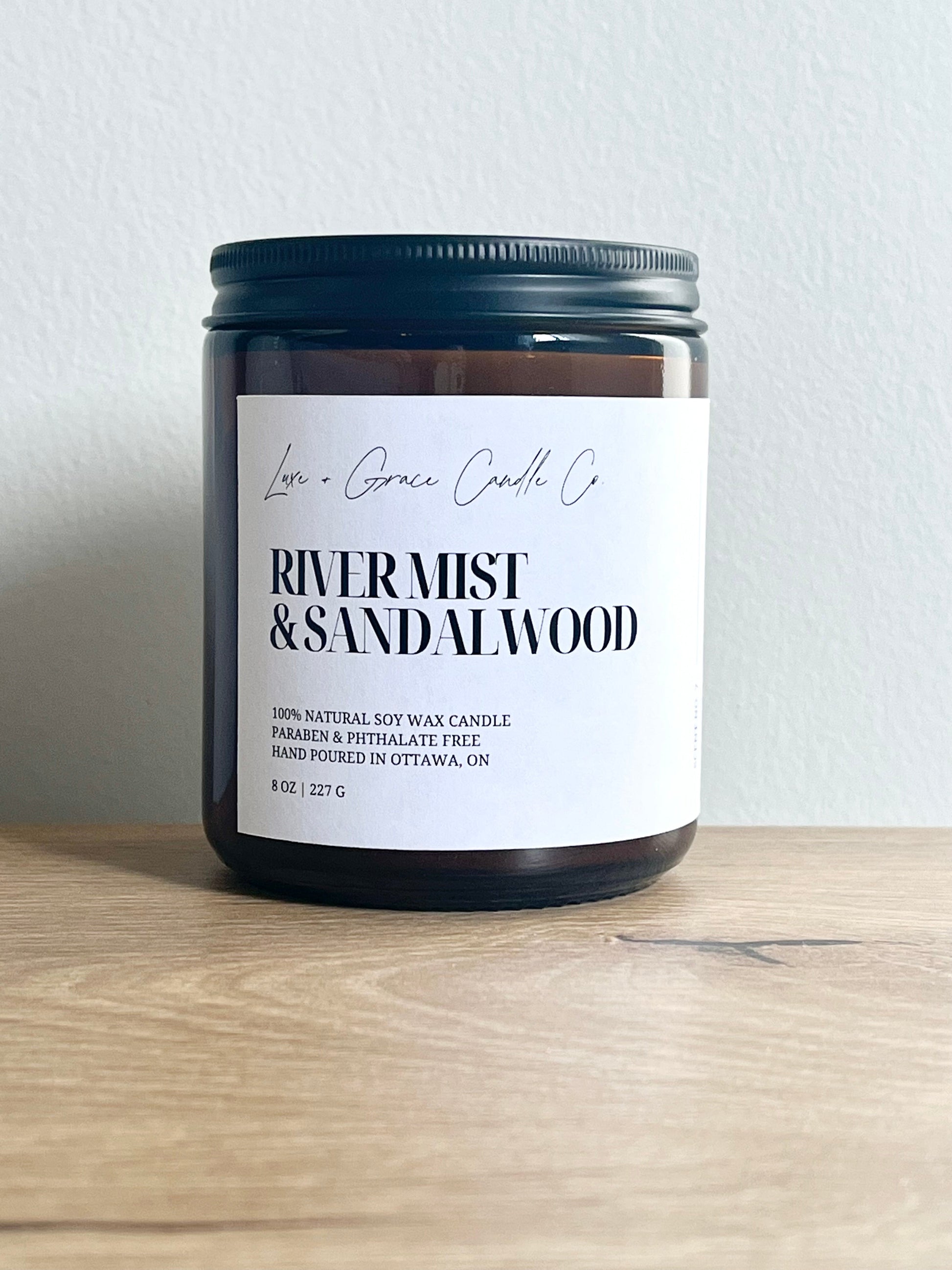 Bougie en cire de soja, Brume de rivière et bois de santal