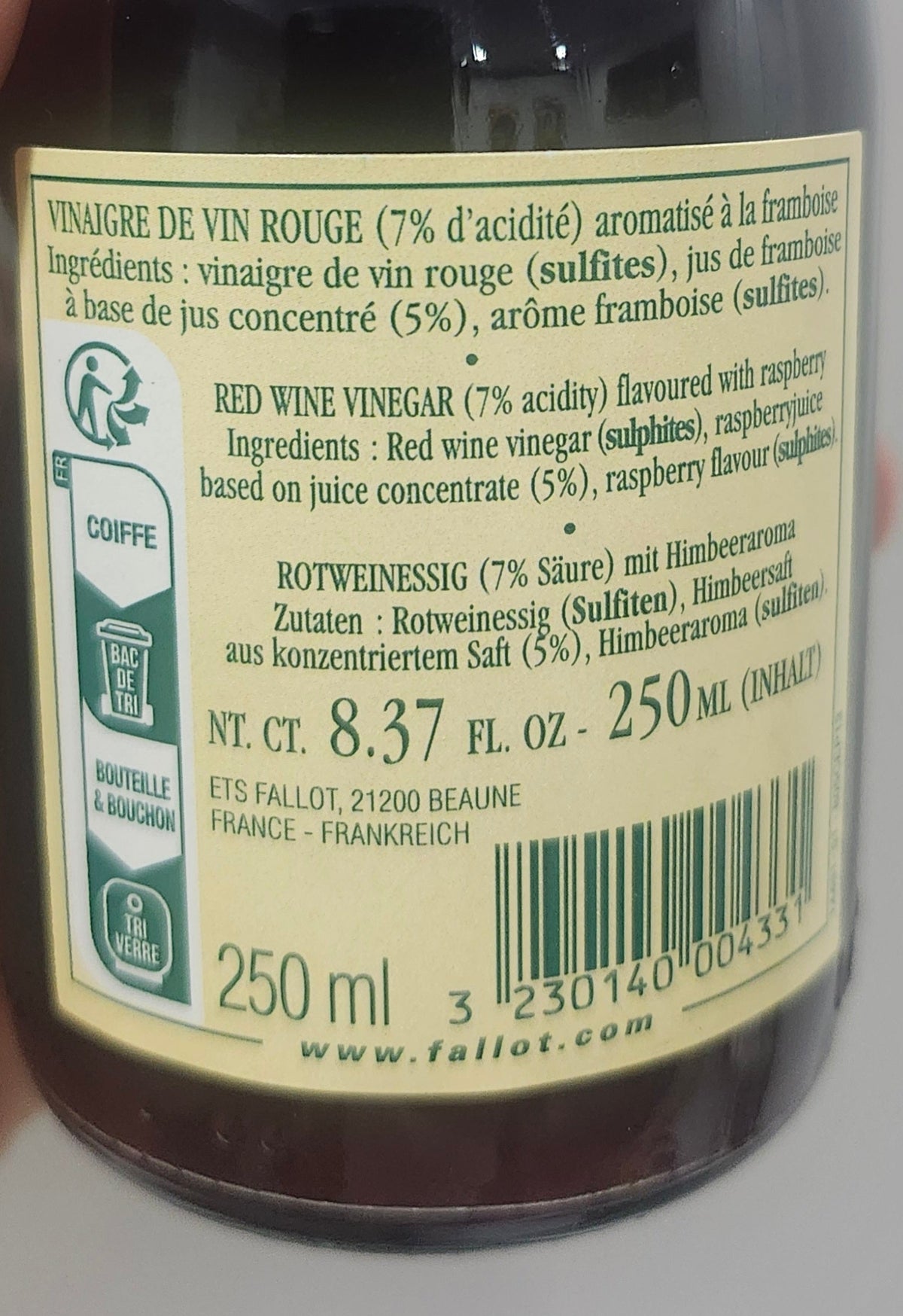 Vinaigre de vin rouge à la framboise Edmond Fallot 250 ml