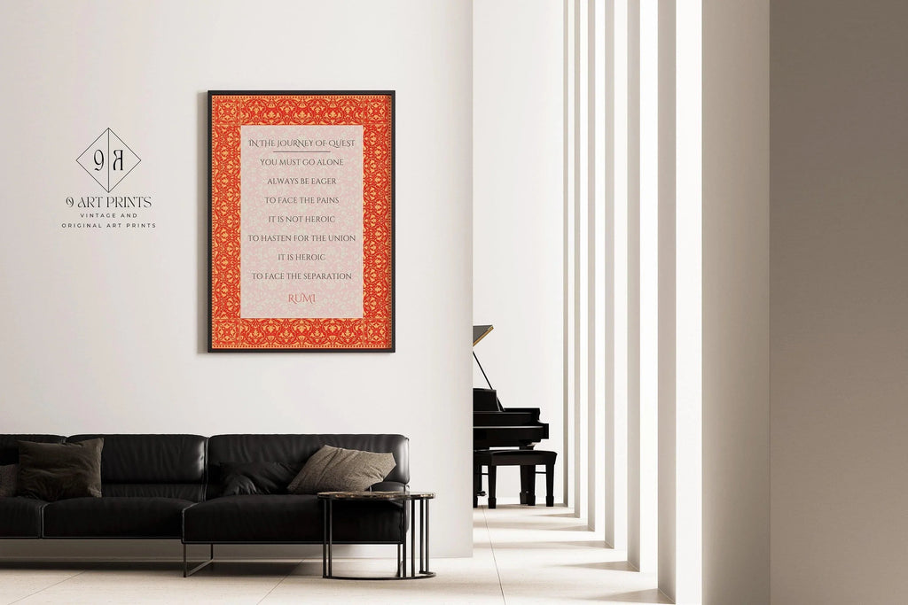 Affiche de poésie « Le Voyage de la Quête » de Rumi | Citation inspirante rouge (disponible encadrée ou non)