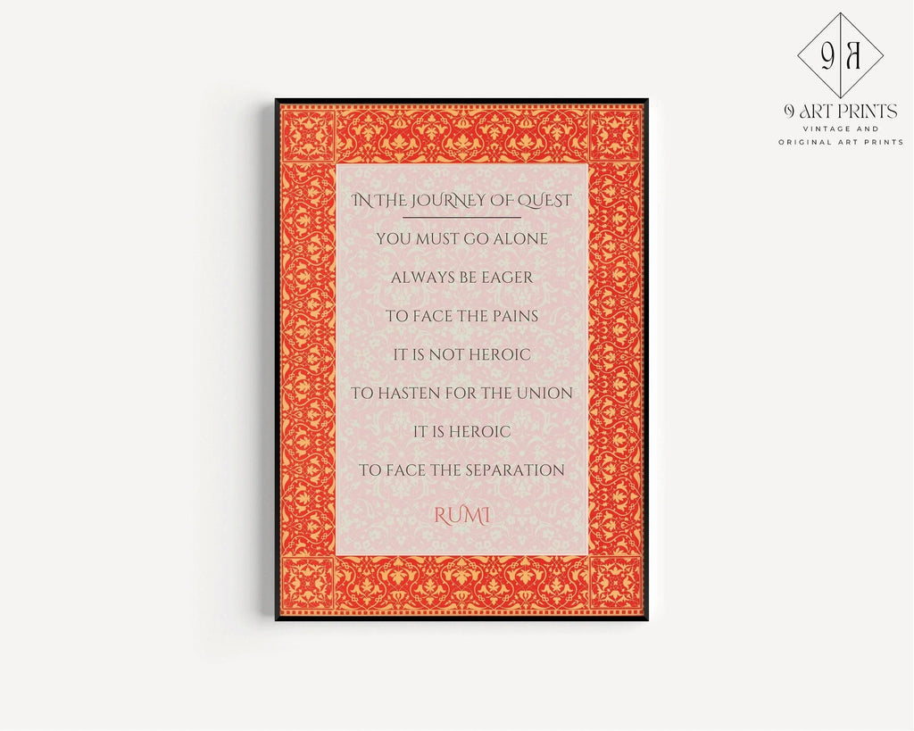 Affiche de poésie « Le Voyage de la Quête » de Rumi | Citation inspirante rouge (disponible encadrée ou non)