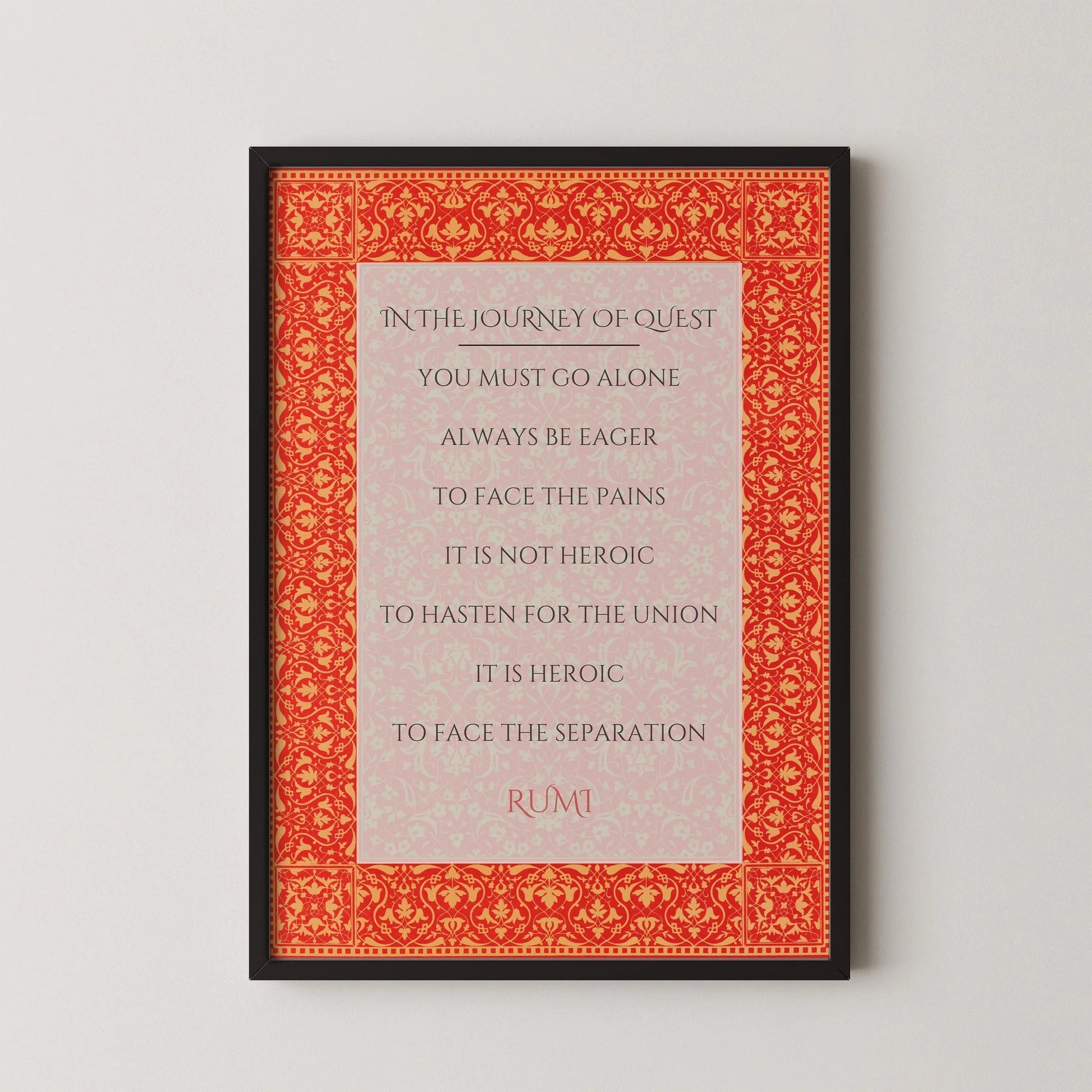 Affiche de poésie « Le Voyage de la Quête » de Rumi | Citation inspirante rouge (disponible encadrée ou non)