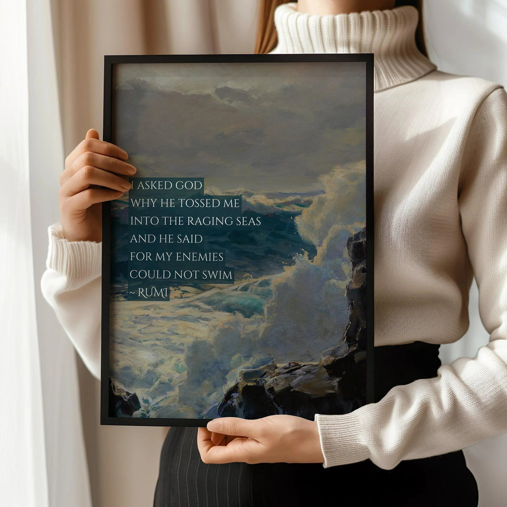 Estampe de poésie de Rumi : Citation inspirante sur les mers déchaînées (Giclée)