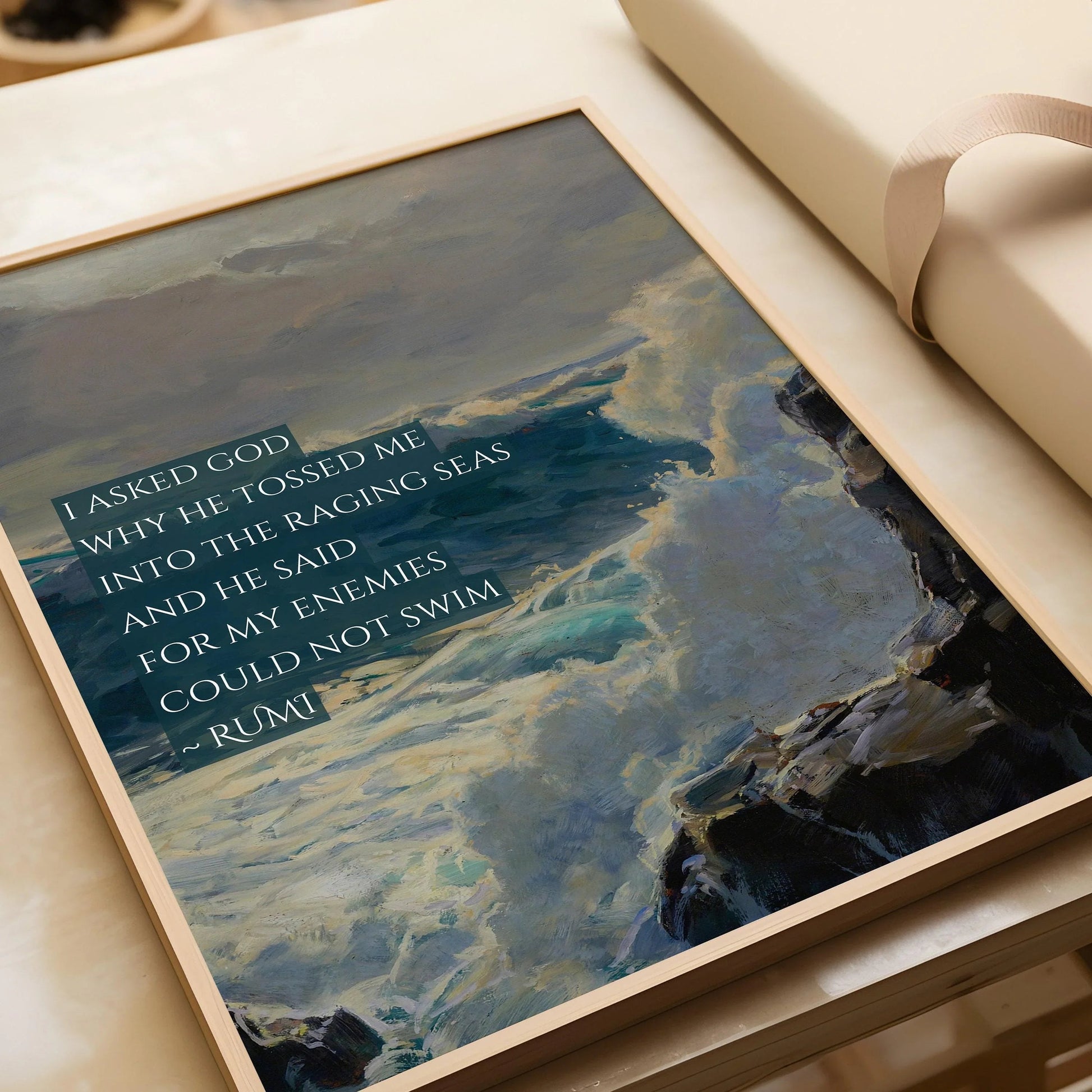 Estampe de poésie de Rumi : Citation inspirante sur les mers déchaînées (Giclée)