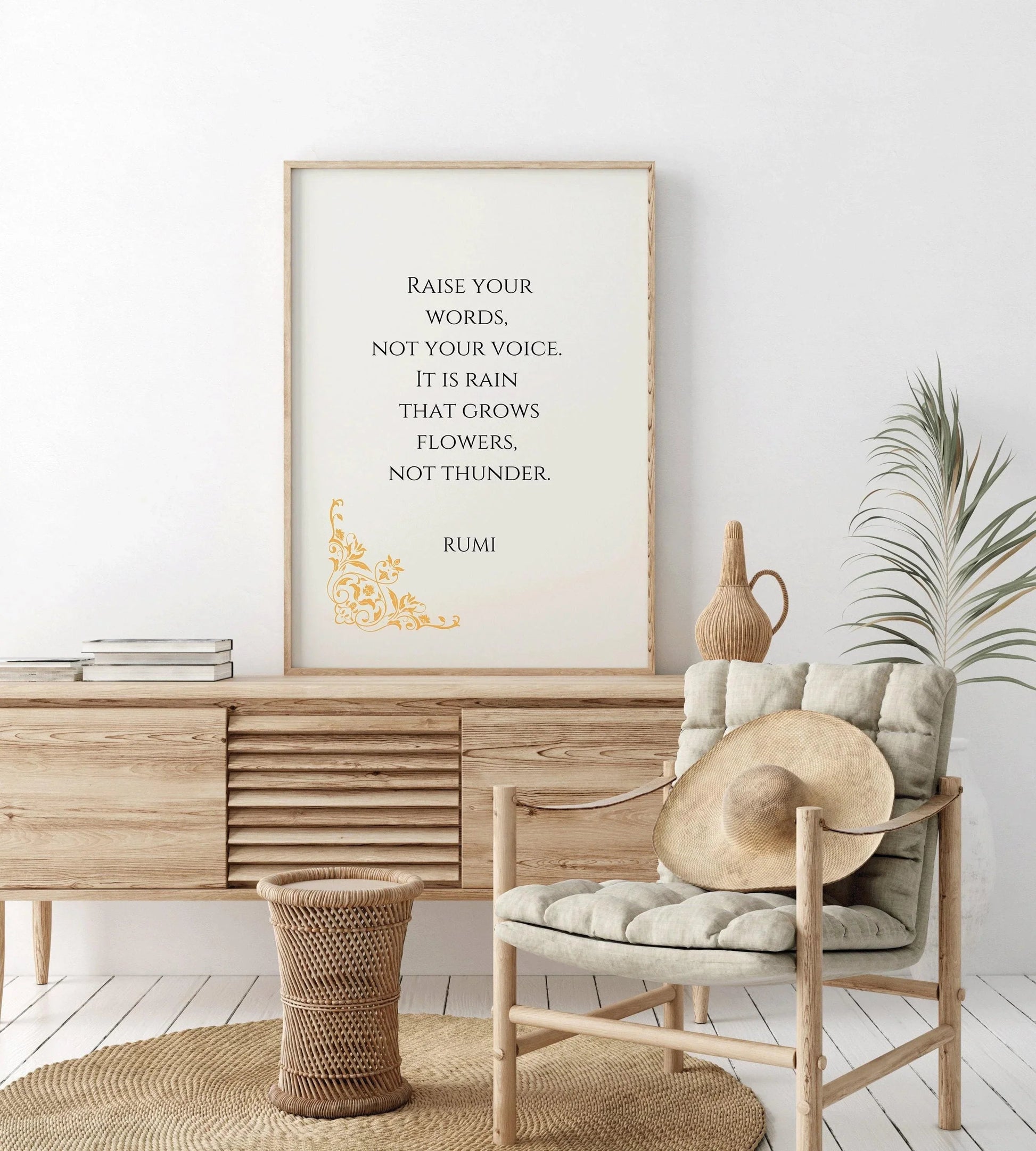 Affiche inspirante beige avec citation de Rumi : « Pluie et tonnerre »