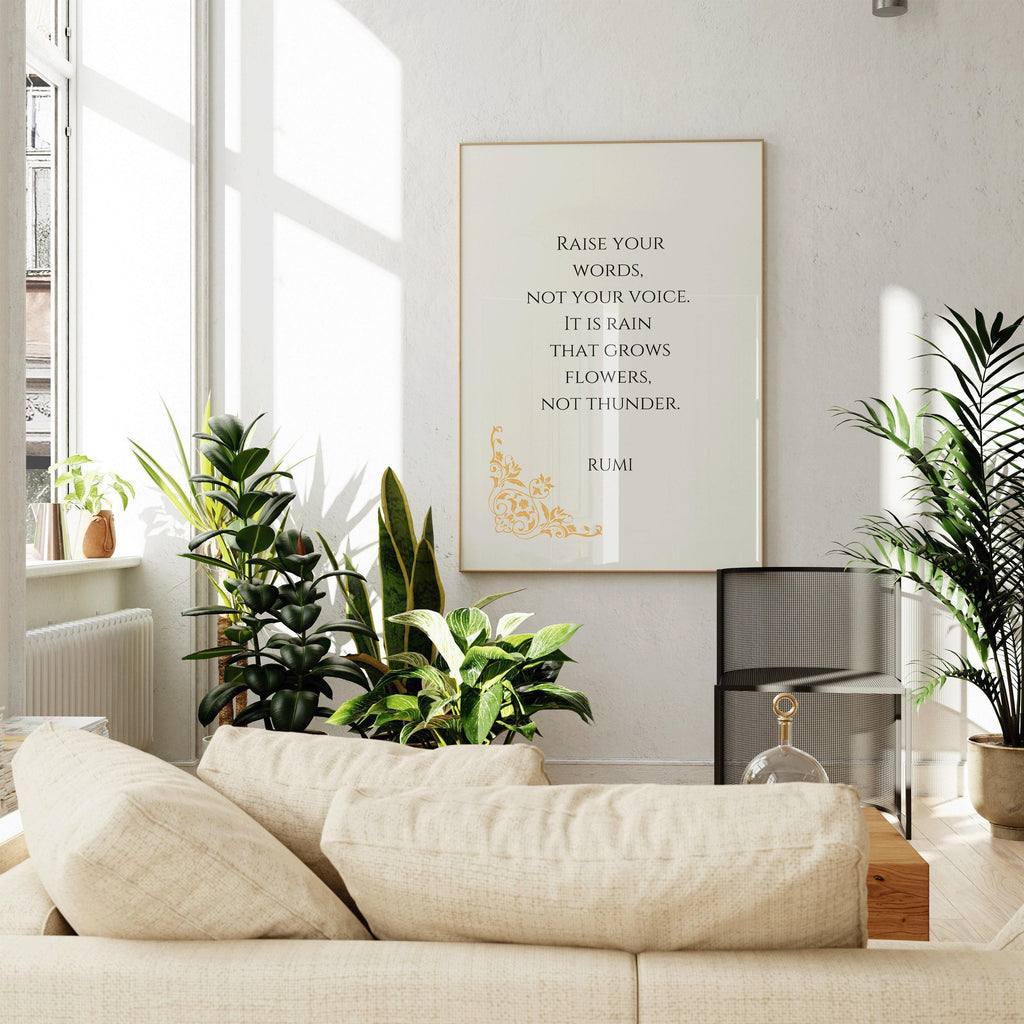 Affiche inspirante beige avec citation de Rumi : « Pluie et tonnerre »