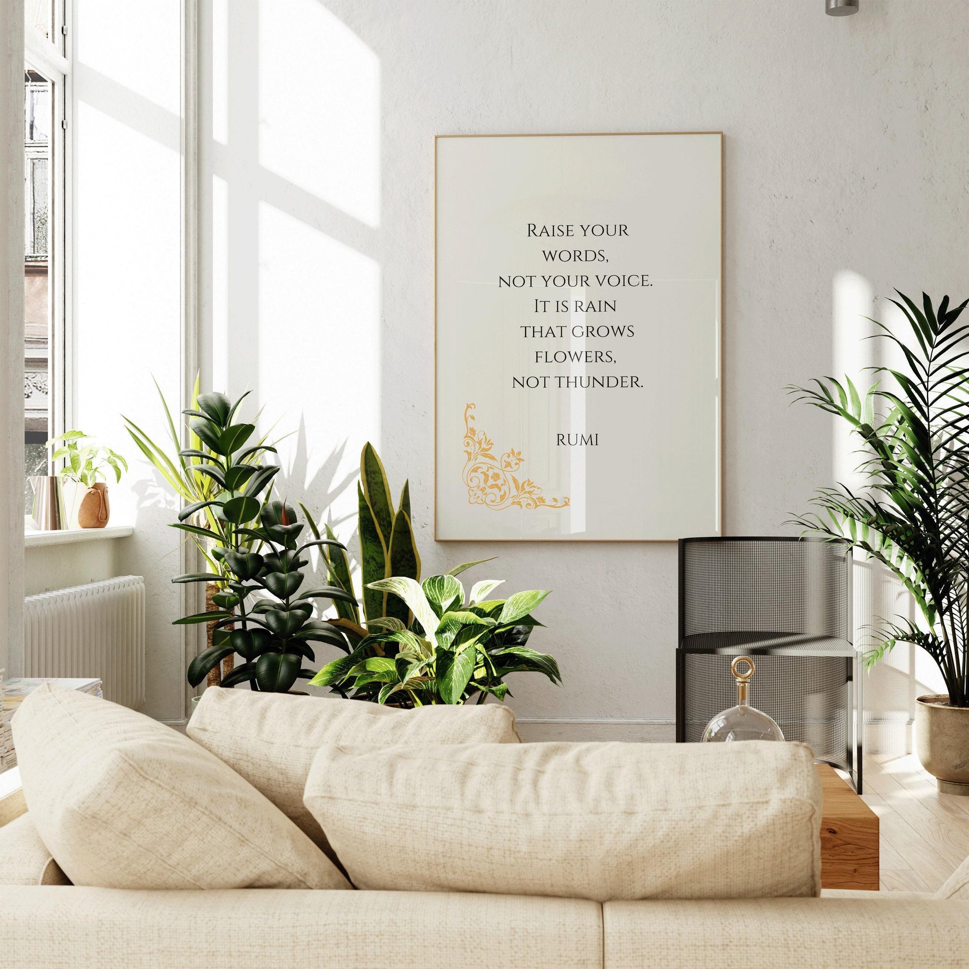 Affiche inspirante beige avec citation de Rumi : « Pluie et tonnerre »