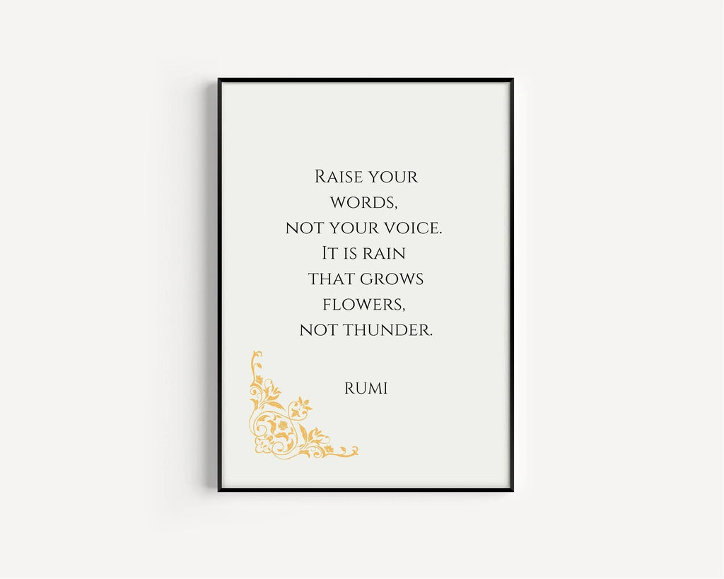 Affiche inspirante beige avec citation de Rumi : « Pluie et tonnerre »