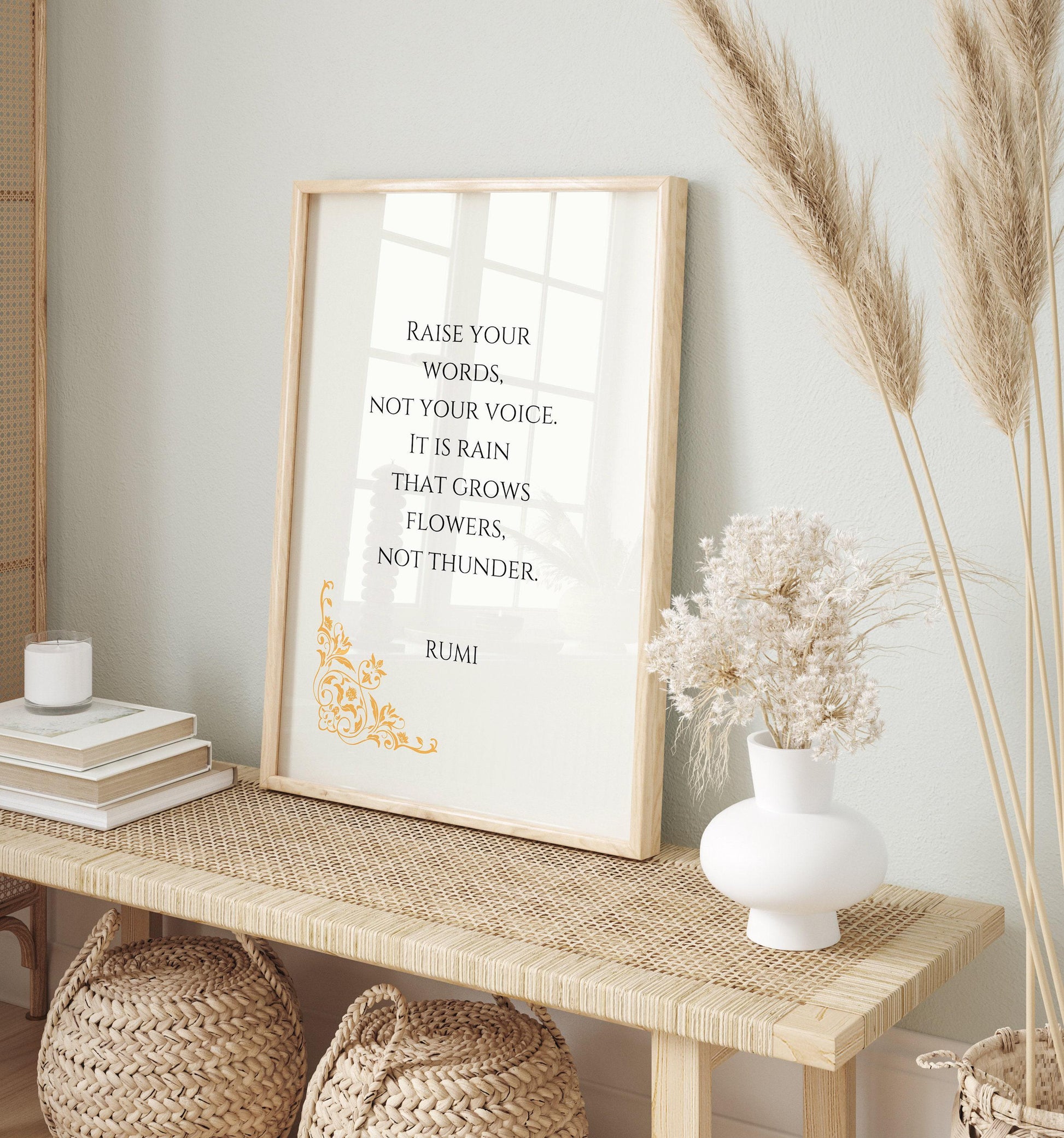 Affiche inspirante beige avec citation de Rumi : « Pluie et tonnerre »