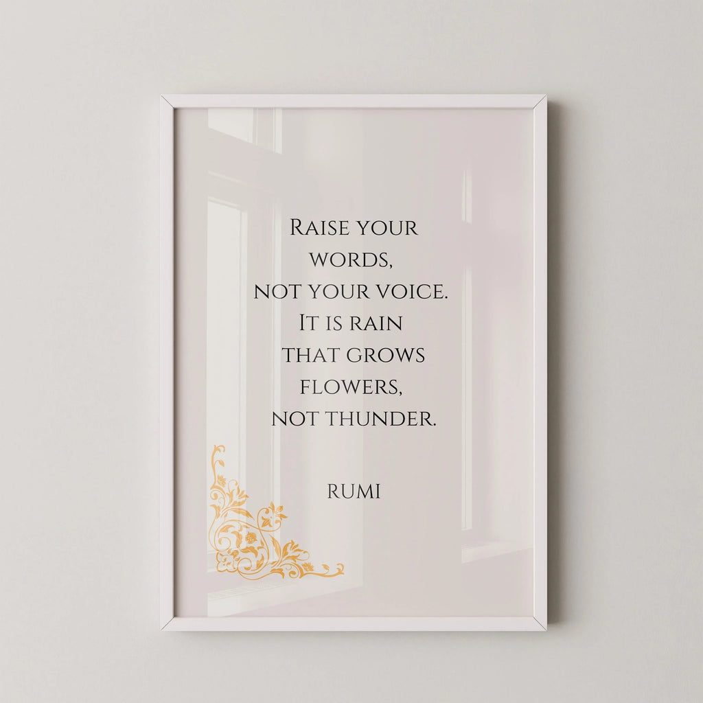 Affiche inspirante beige avec citation de Rumi : « Pluie et tonnerre »