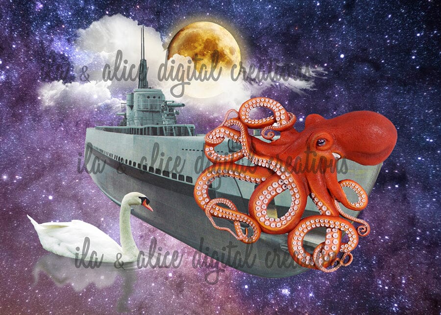 Moon Bathing Tiger in Space-Collage Art Postcards