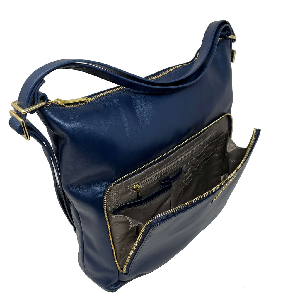 Transformable Navy Blue Leather Handbag, Alexandra