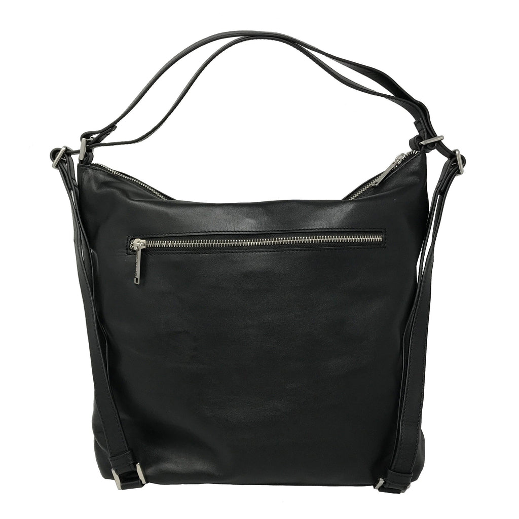 Transformable Black Genuine Leather Handbag - Alexandra