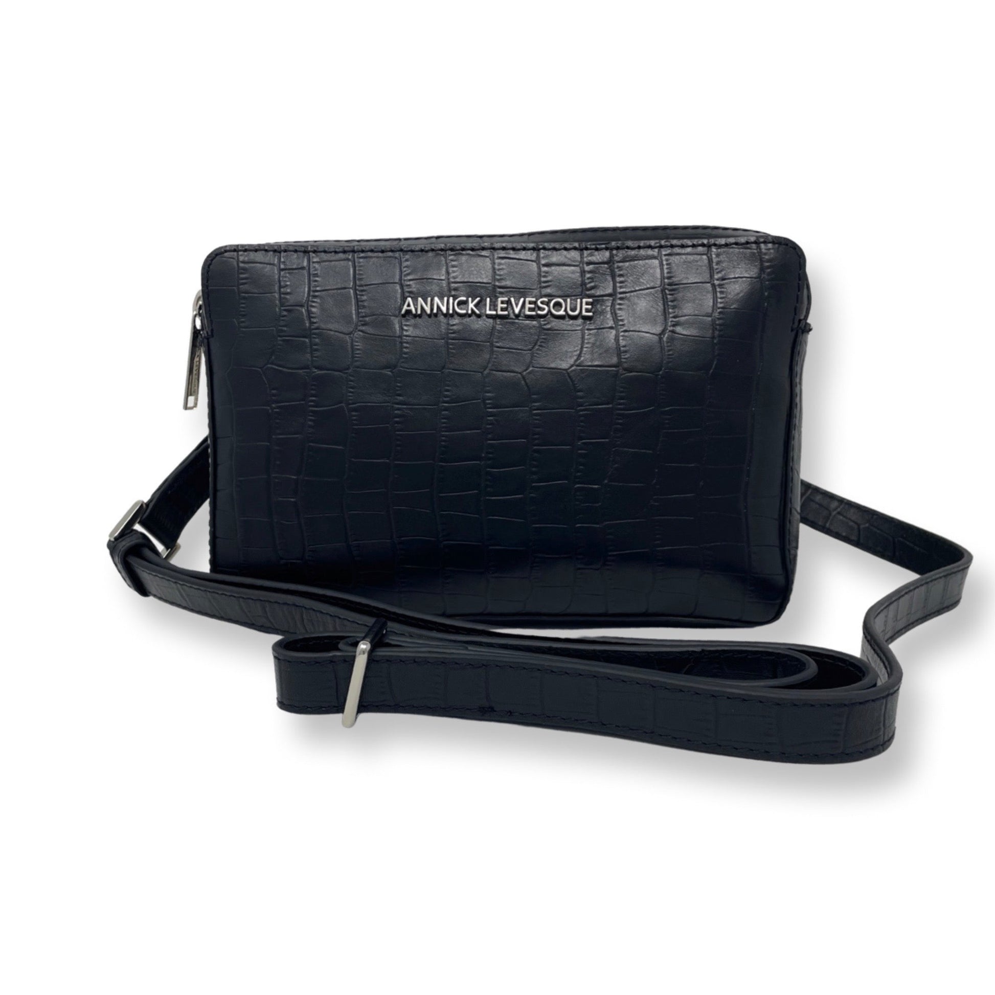 Small Leather Crossbody Bag Annie, Black Embossed