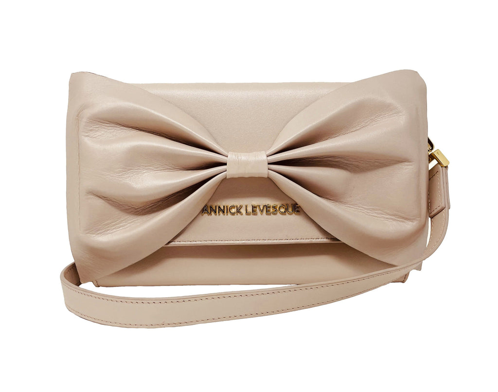 Genuine Leather Handbag with Bow Scarlett, 3 in 1, Blush Pink
