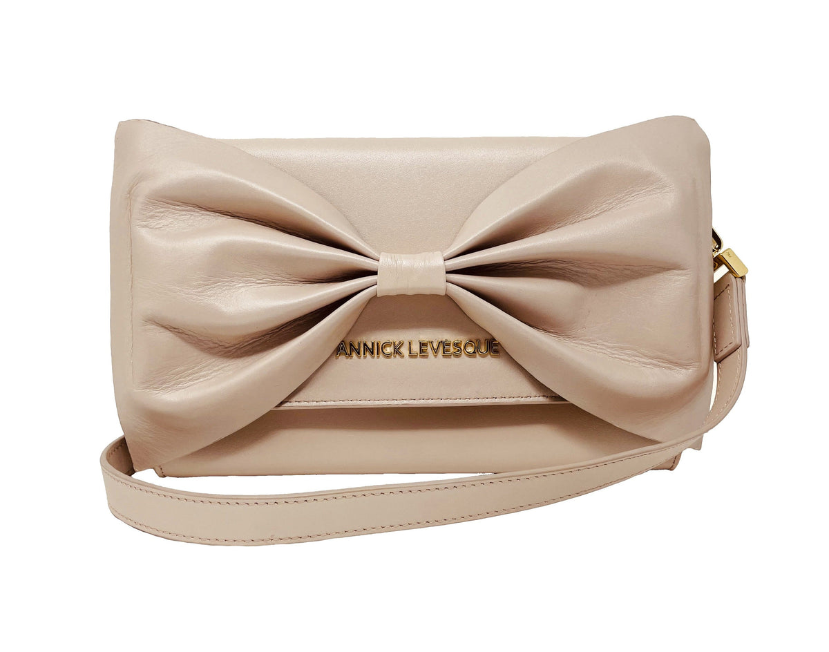 Genuine Leather Handbag with Bow Scarlett, 3 in 1, Blush Pink