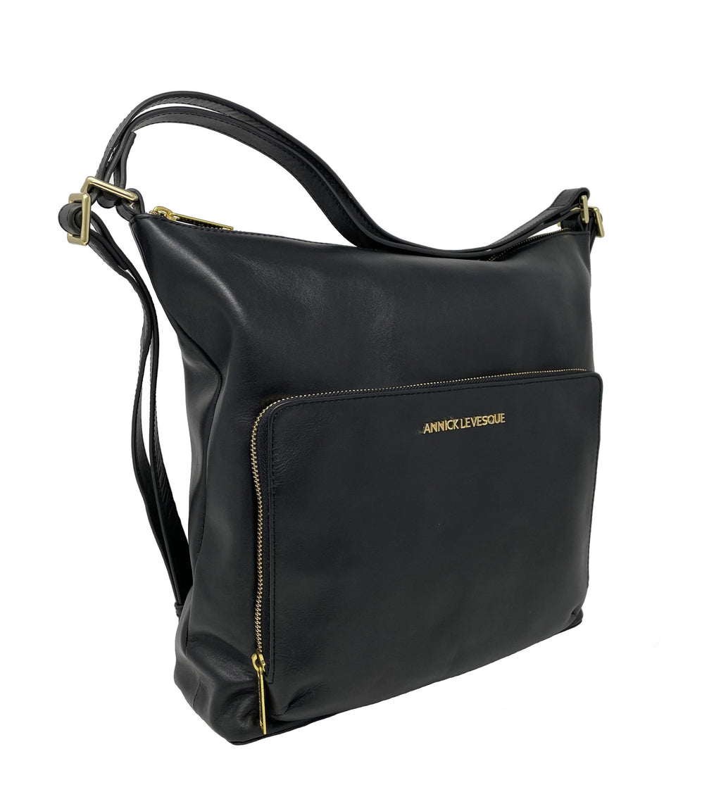 Transformable Black Genuine Leather Handbag - Alexandra