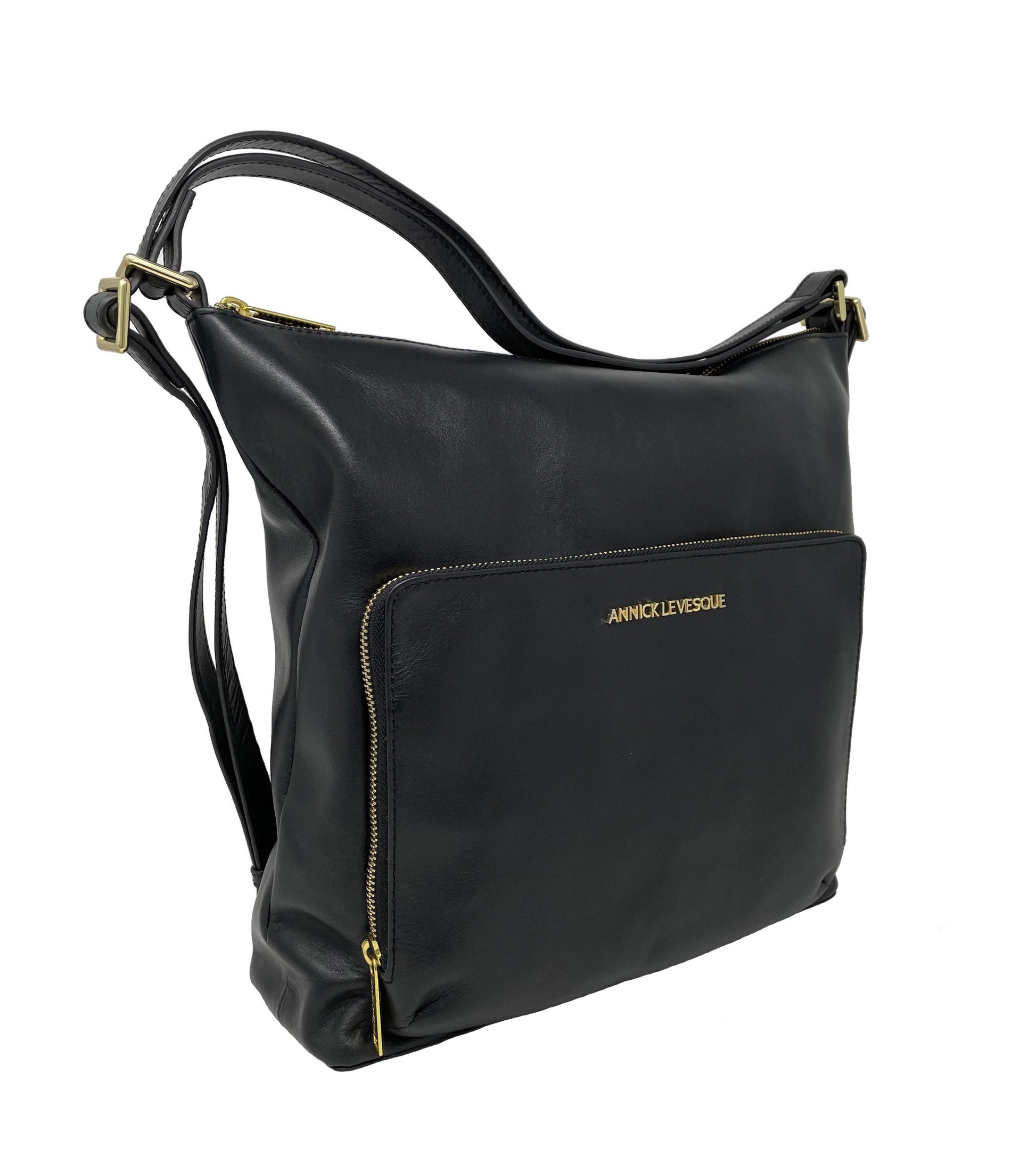 Transformable Black Genuine Leather Handbag - Alexandra